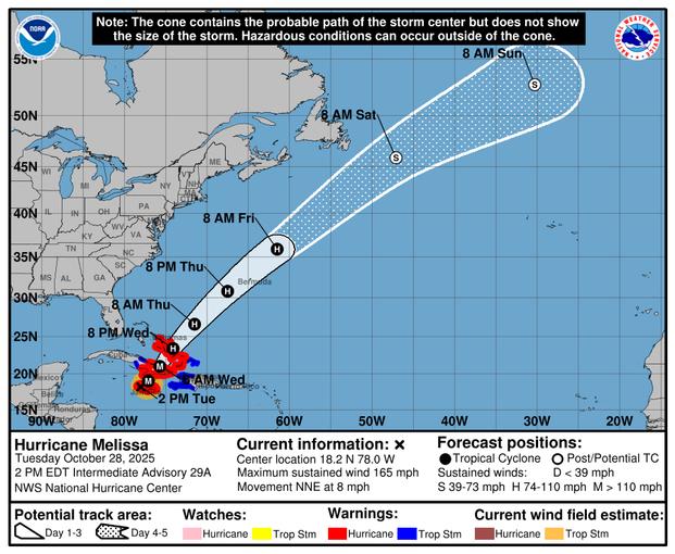 A National Hurricane Center forecast map shows Hurricane Melissa tracking toward Jamaica and Cuba with sustained winds of 165 miles per hour.
