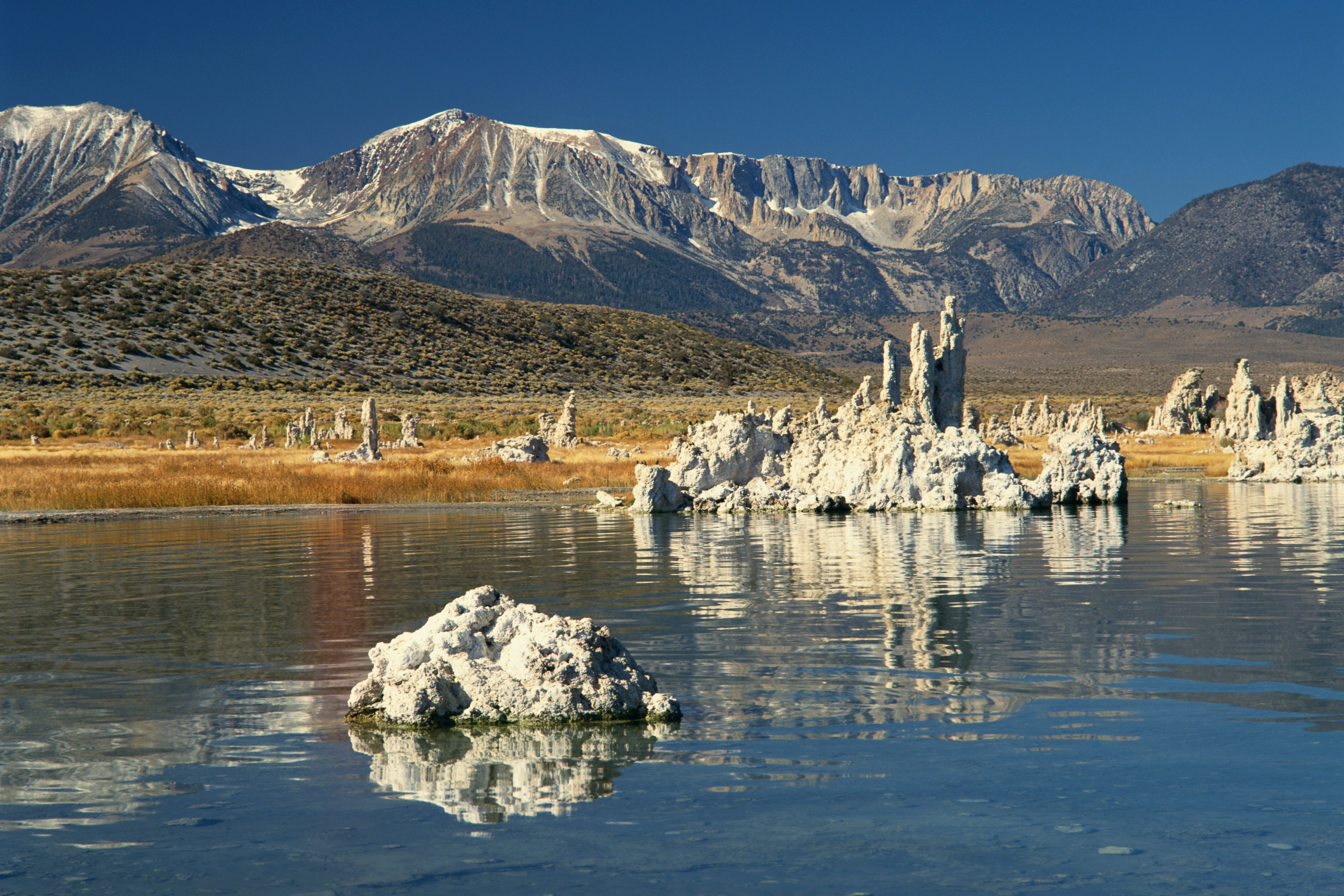 Tufas of calcium carbonate at lake in mono lake tufa state reserve, with mountains in the background, in california, united states of america, north america
