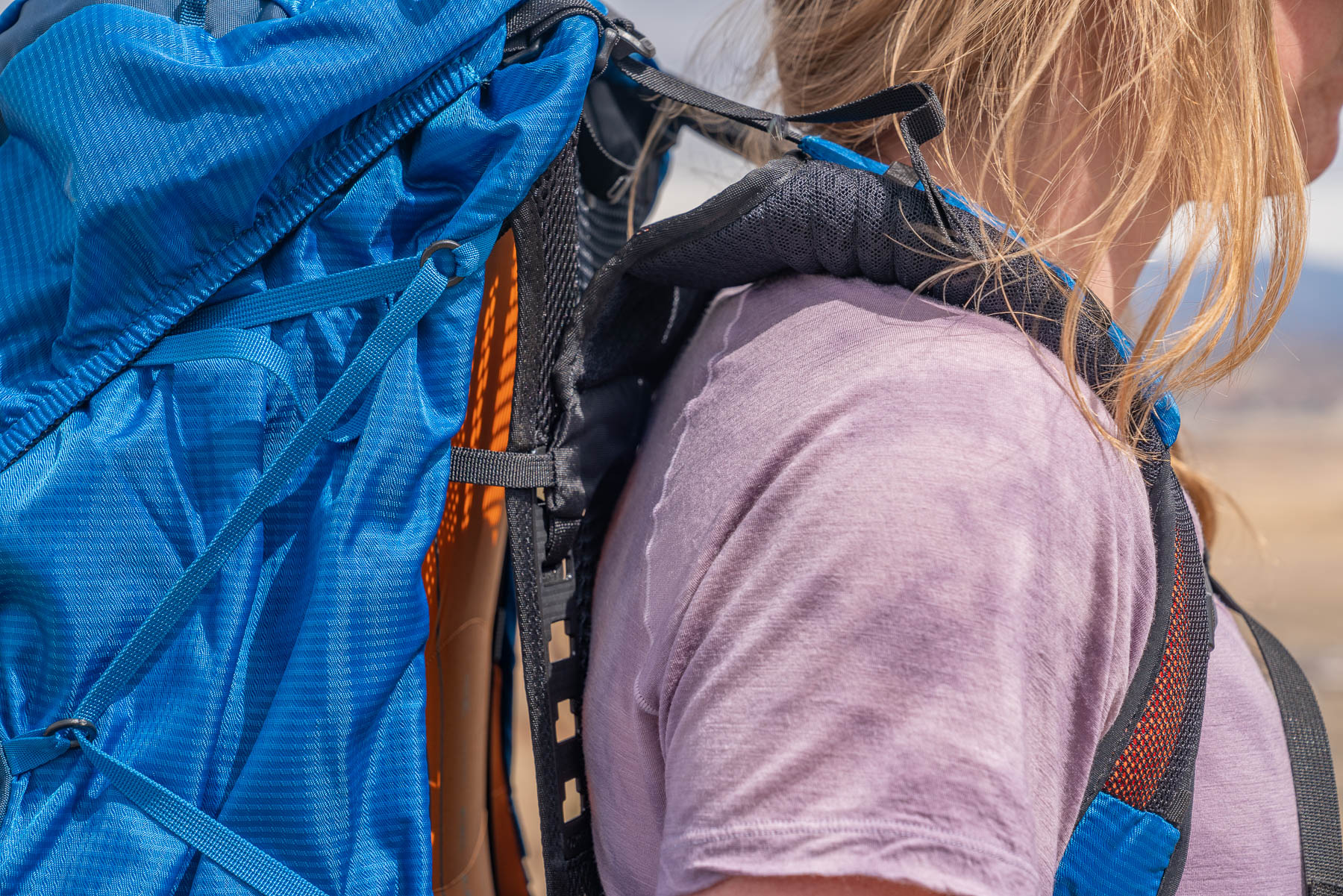 A shoulder strap on a backpacking pack.