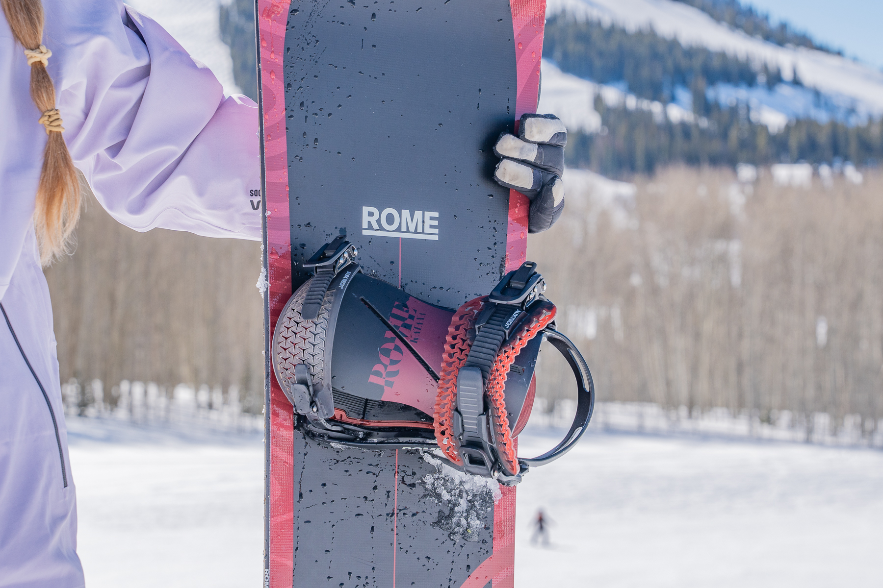Close up of Rome Katana snowboard bindings for women; photo credit Eric Phillips