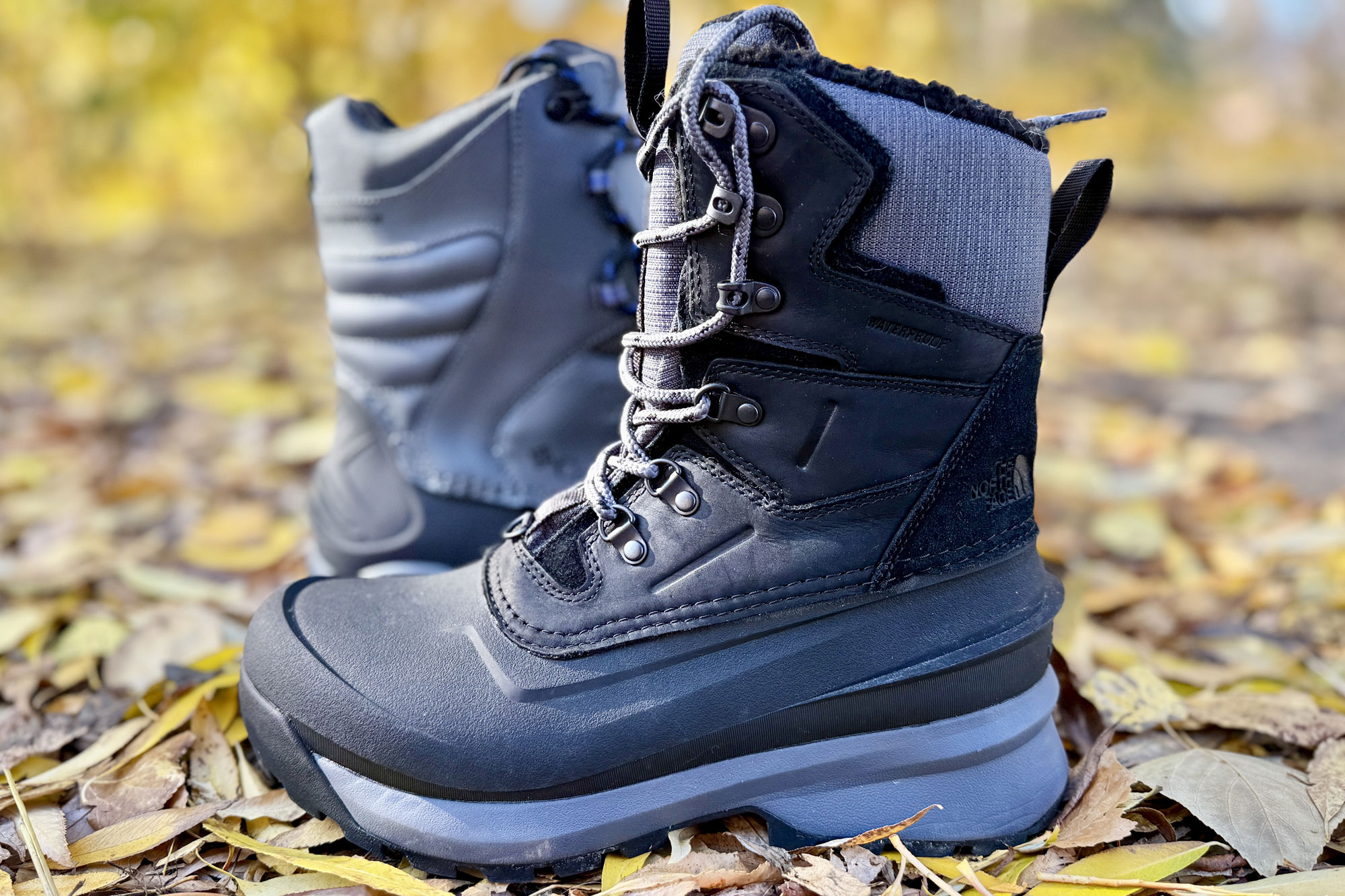 North Face Chilkat V 400 boots on some leaves