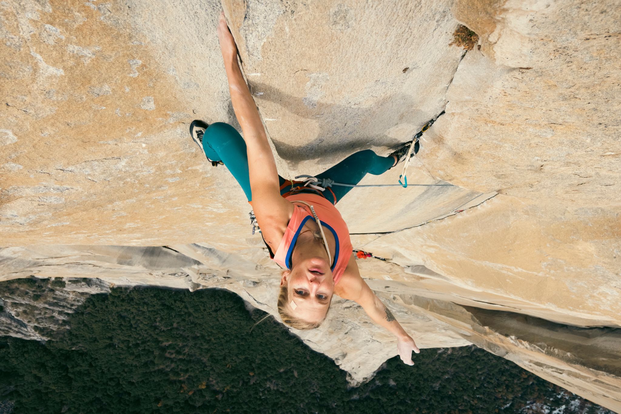 Emily Harrington climbs up crack in wall