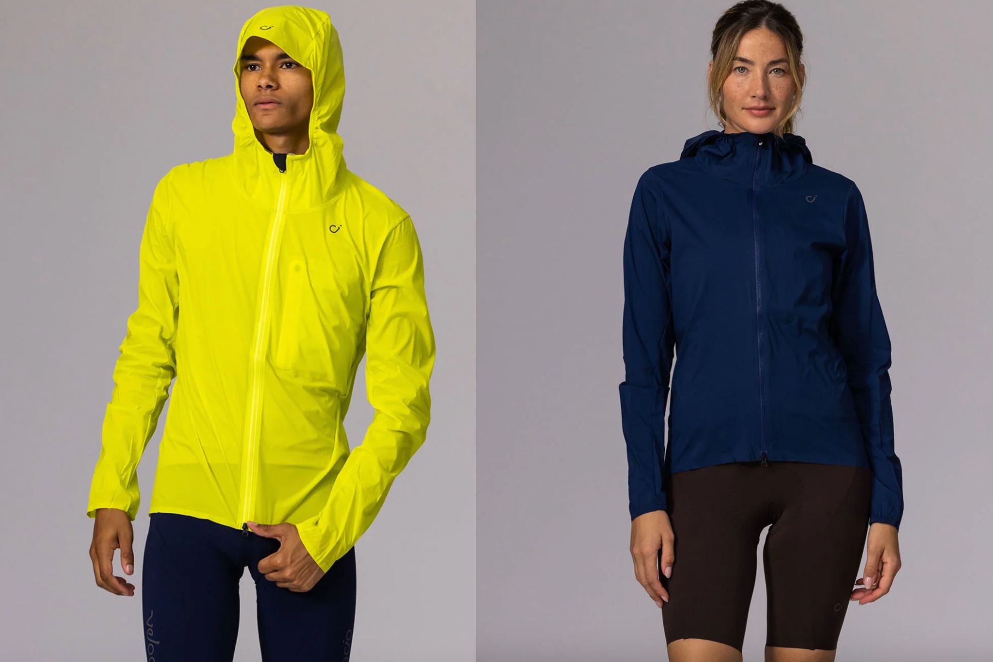 side by side photos of man and woman in rain jackets