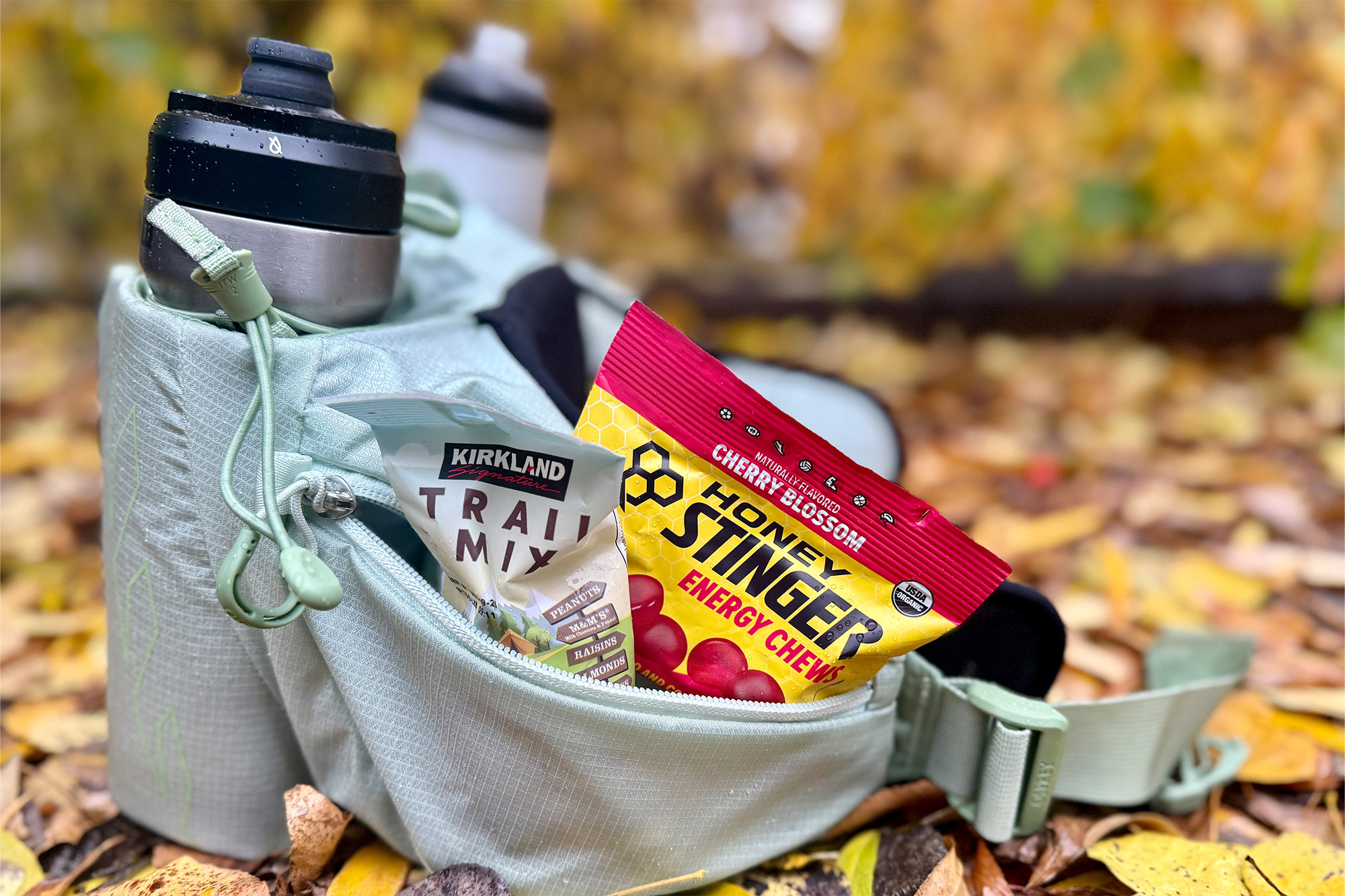 Snacks and water bottles packed neatly inside the waistpack pocket