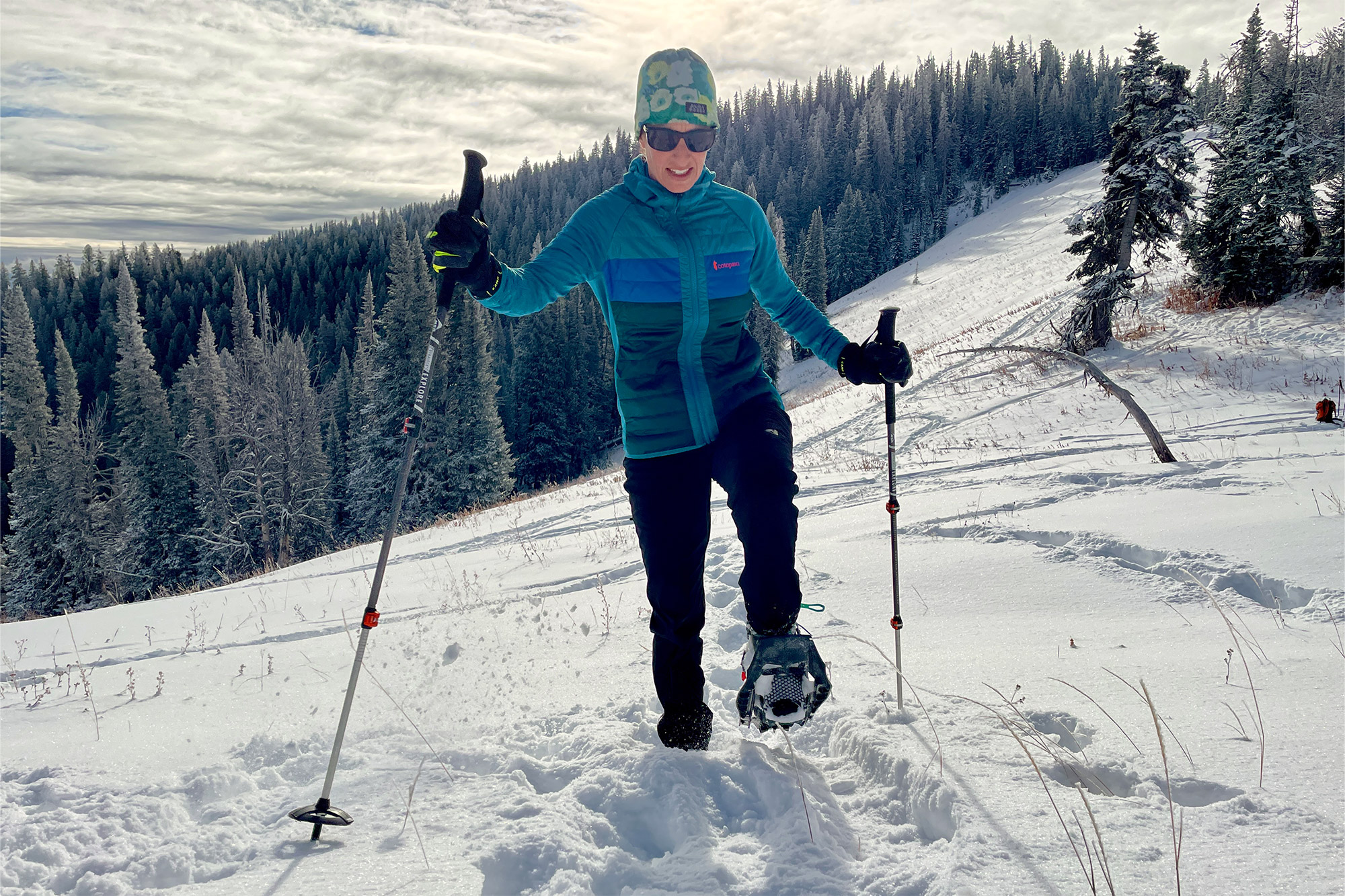 The MSR Evo Trail snowshoes break through fresh powder in open terrain