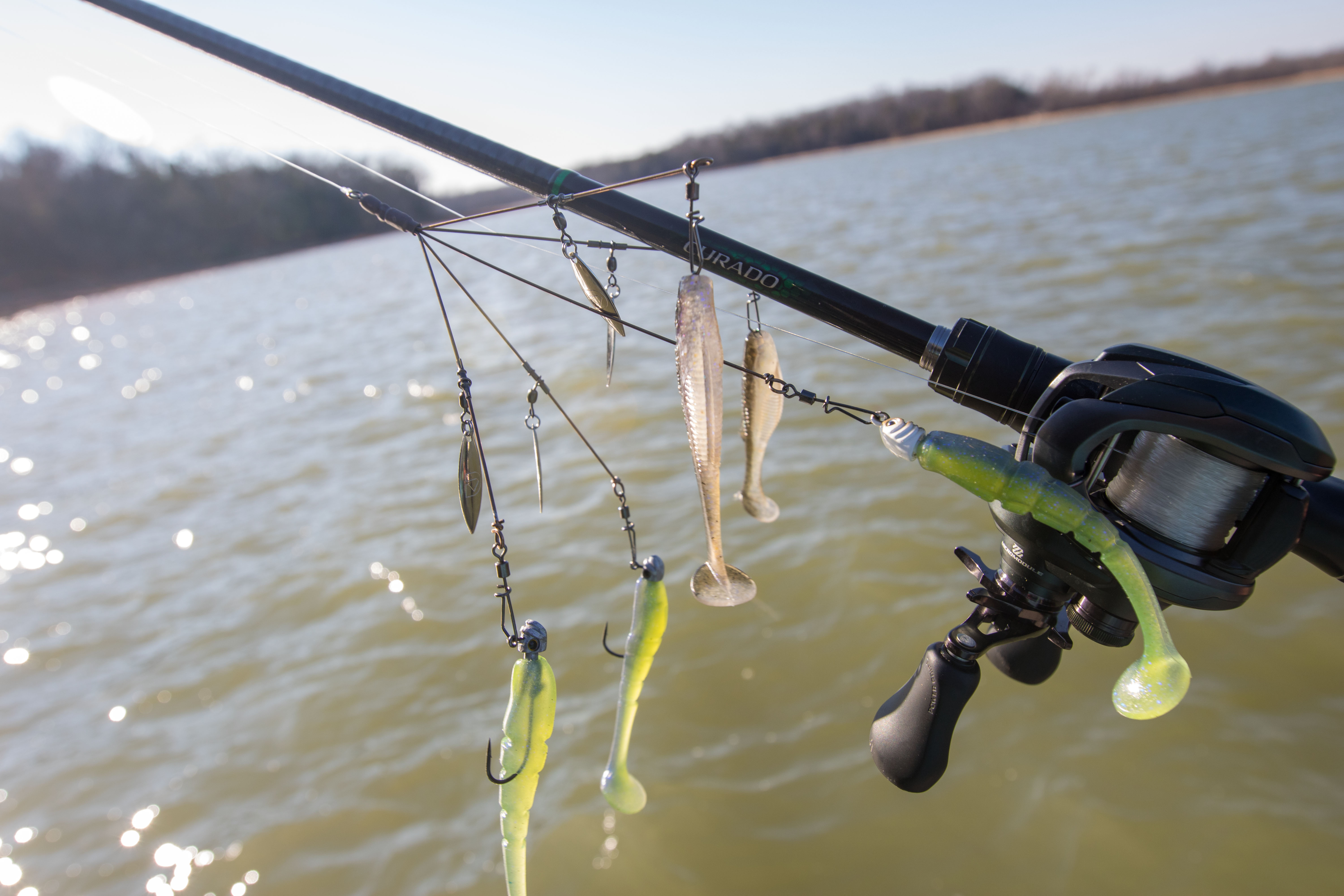 An A-rig on a bass fishing rod and reel.