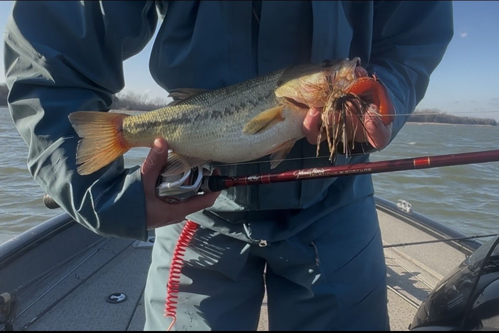 A bass with a jig in its mouth next to a red fishing rod.