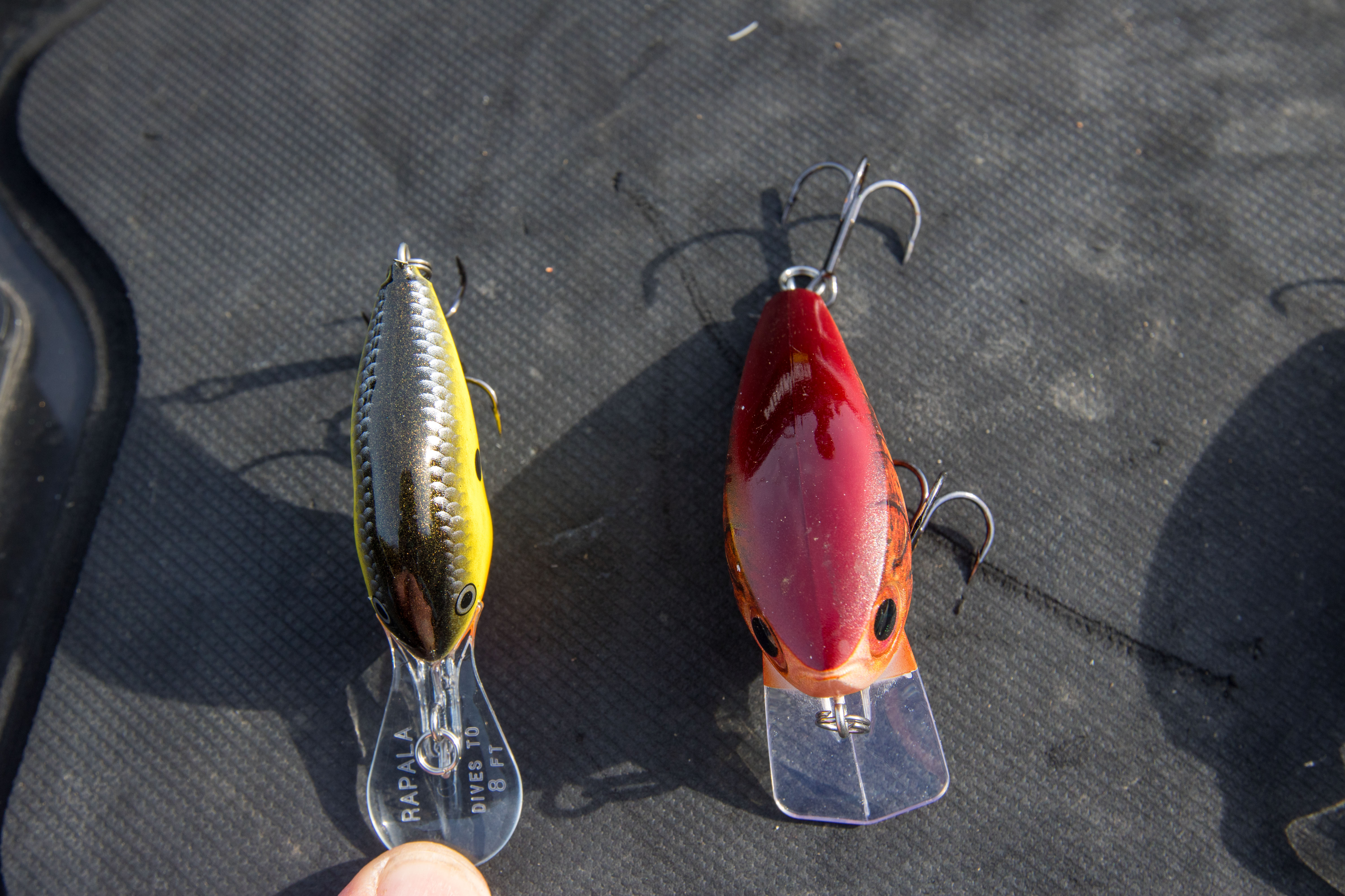 A skinny crankbait next to a fat crankbait.