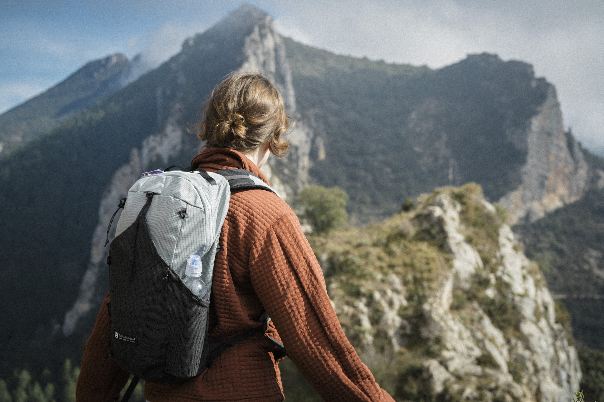 Person wearing backpack in front of mountains