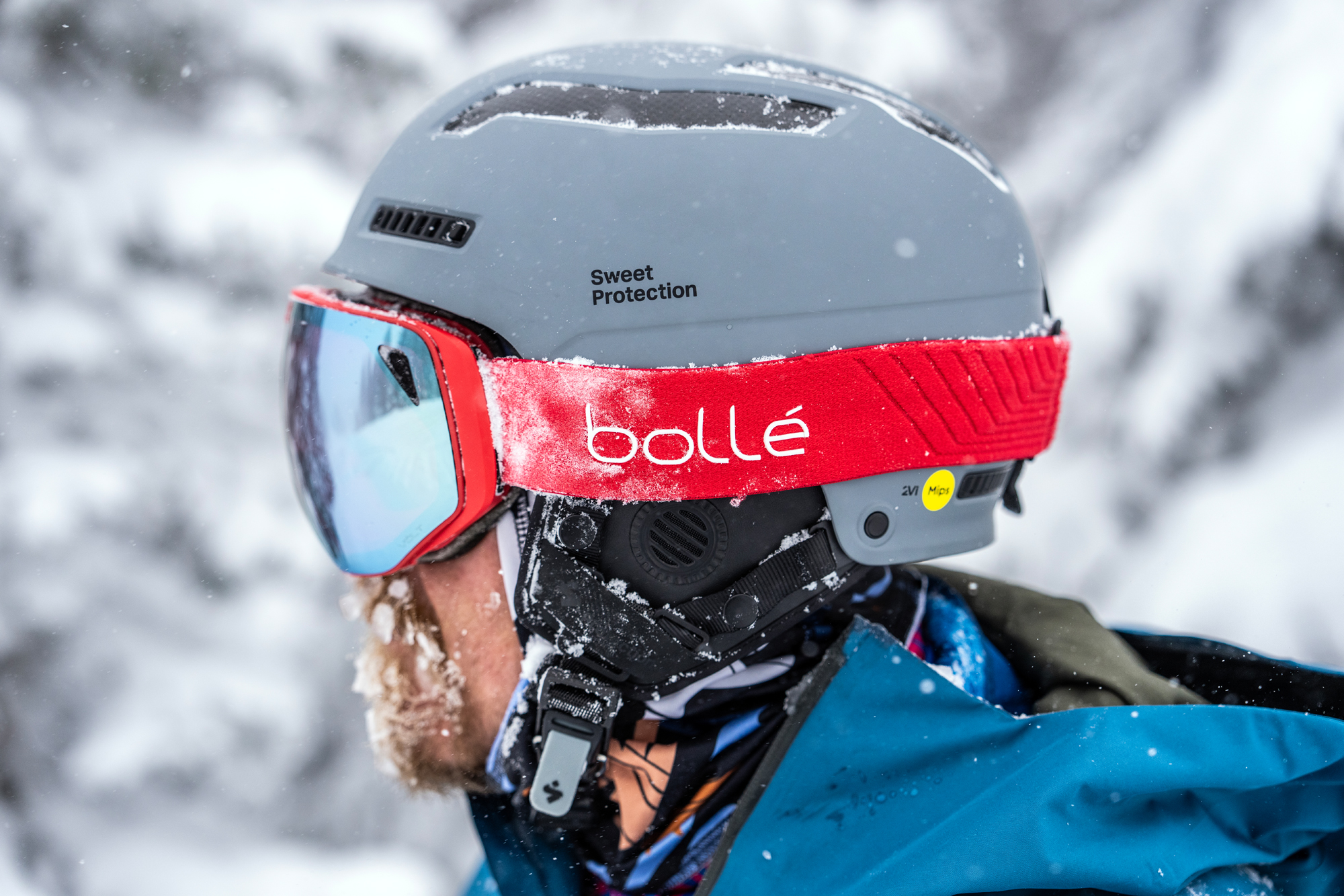 side profile of male skier with goggles
