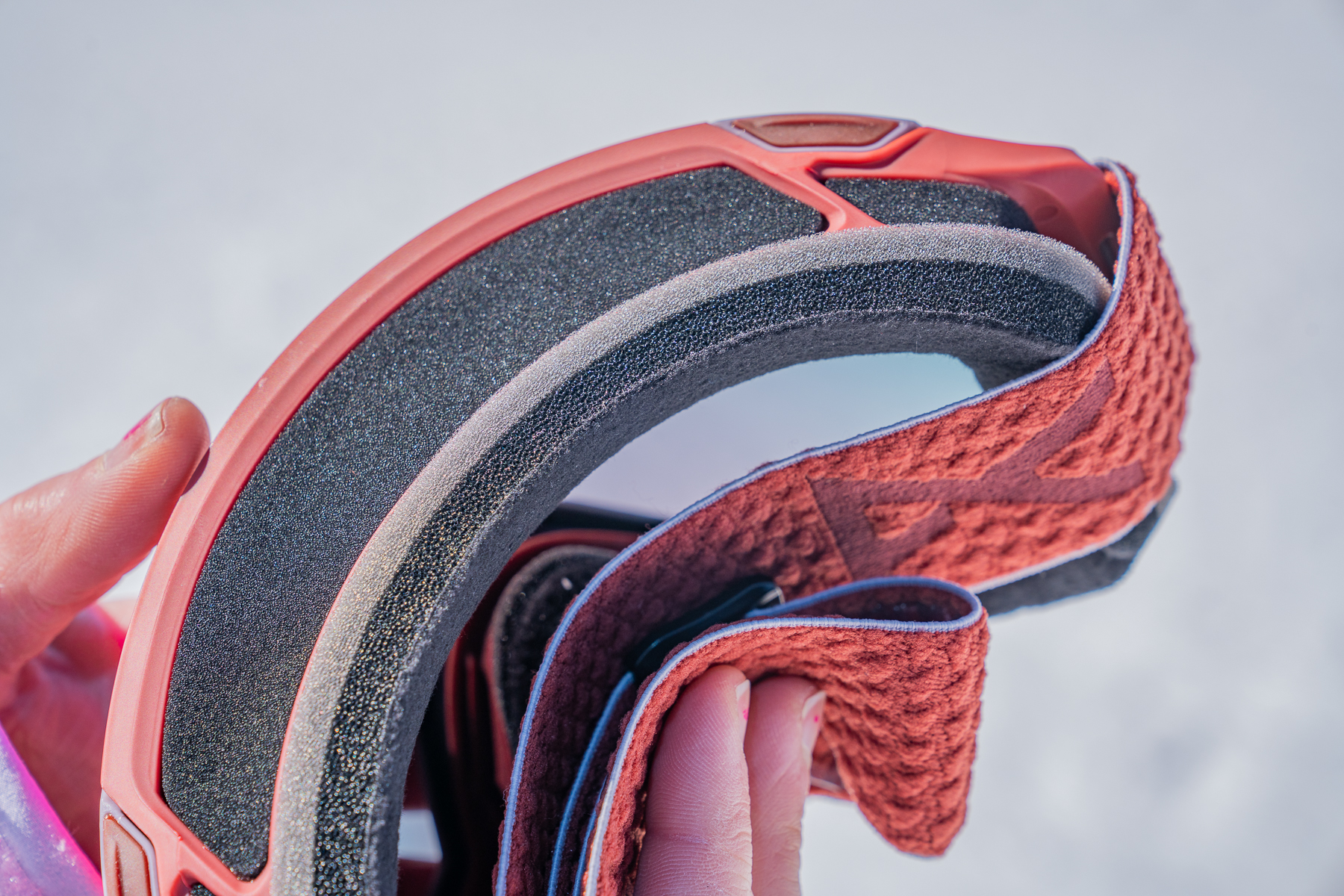 Exterior frame view of the ventilation foam and facial pad on a snow goggle; (photo/Eric Phillips)