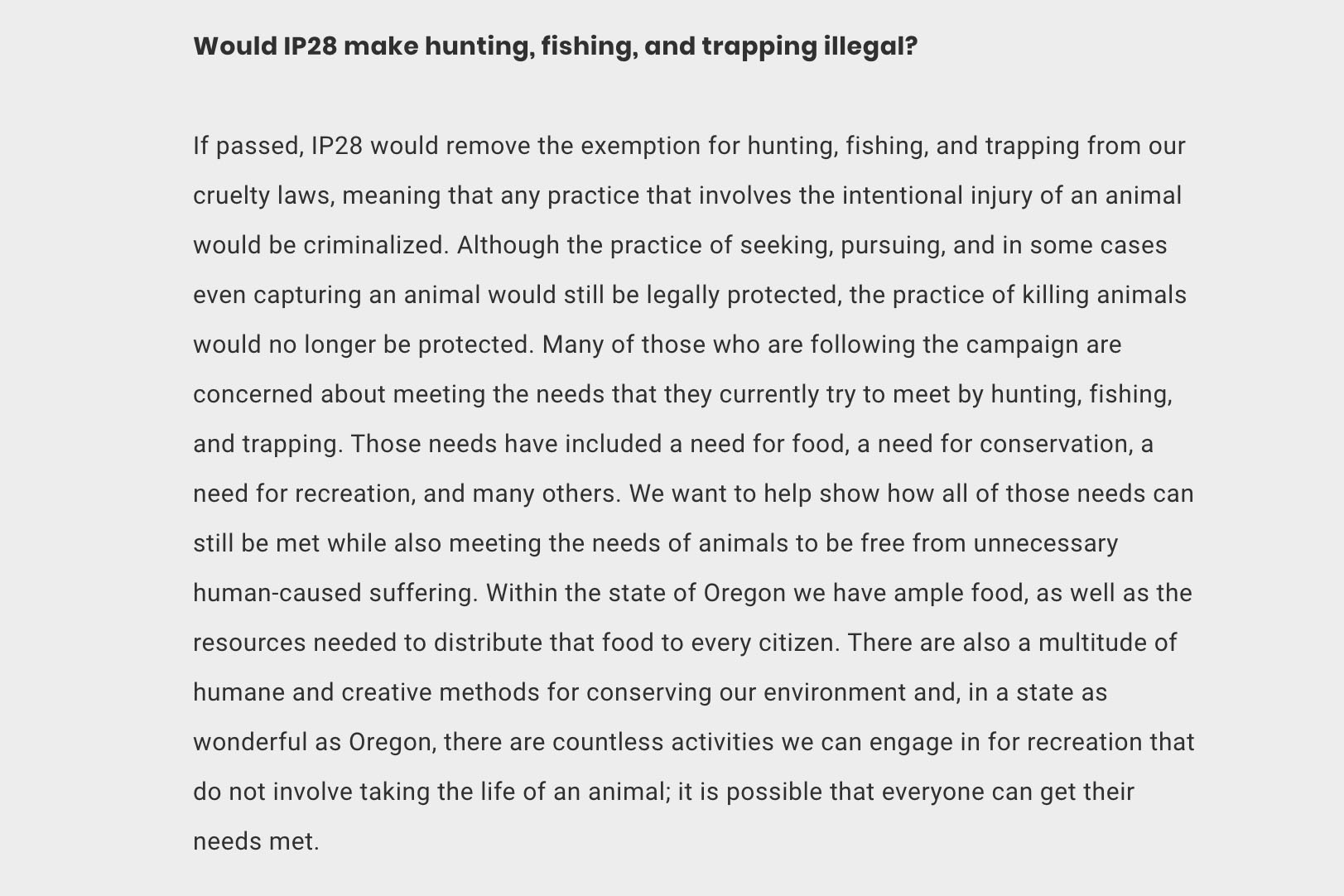 A statement from the group proposing IP28 that discusses its stance on hunting and fishing.