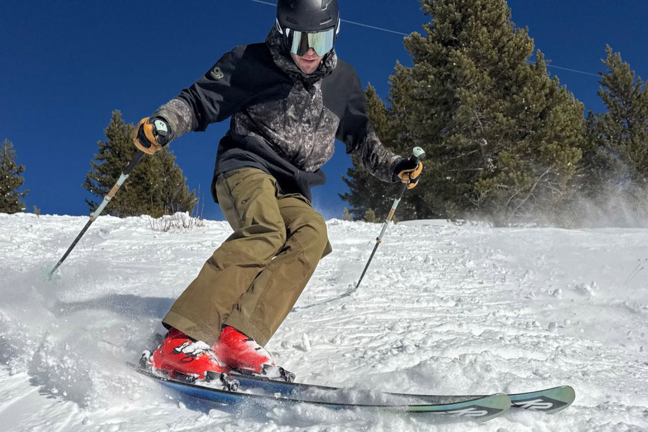 Outdoor Research Powderverse pants worn while skiing through soft snow
