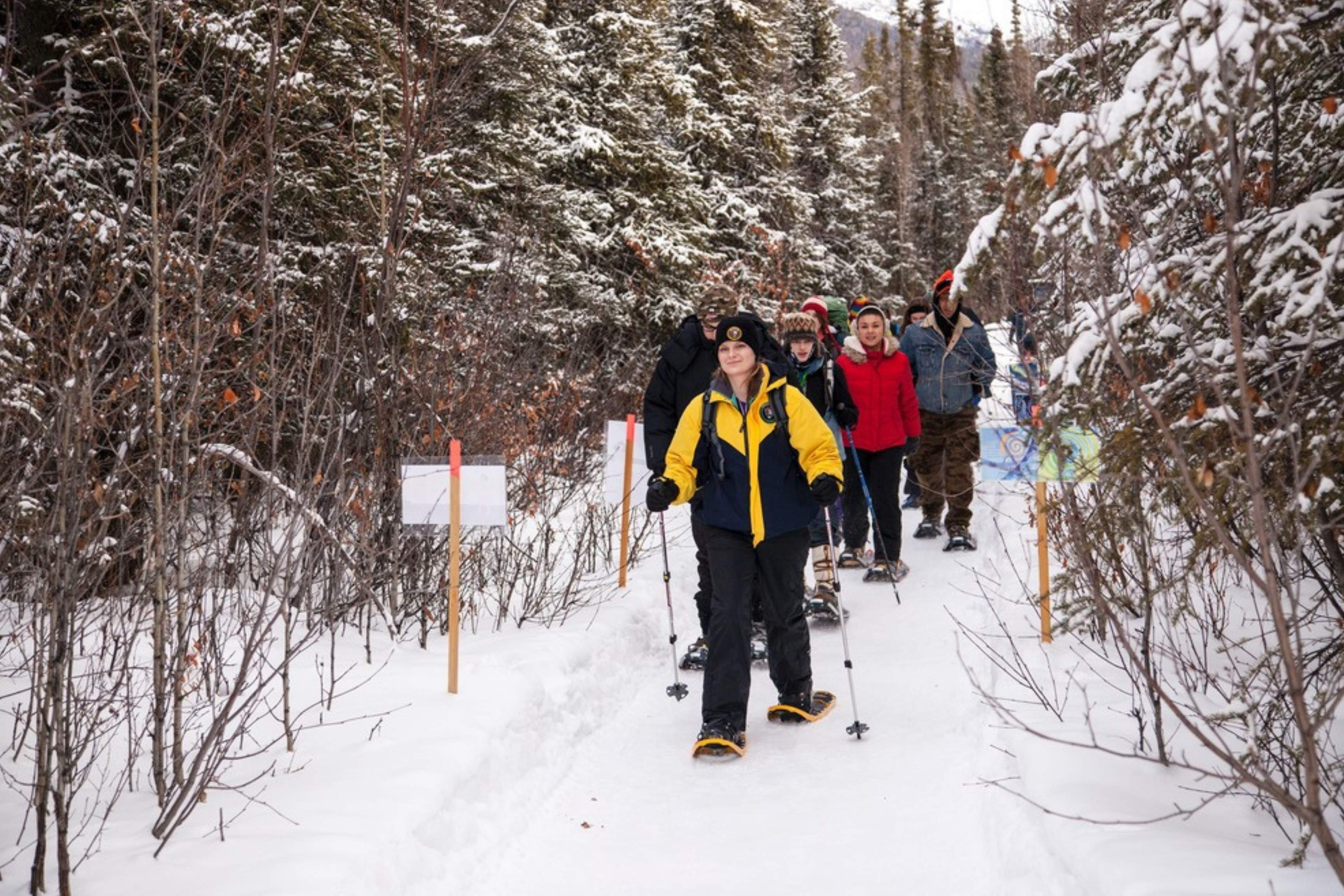 people hiking in snowshoes