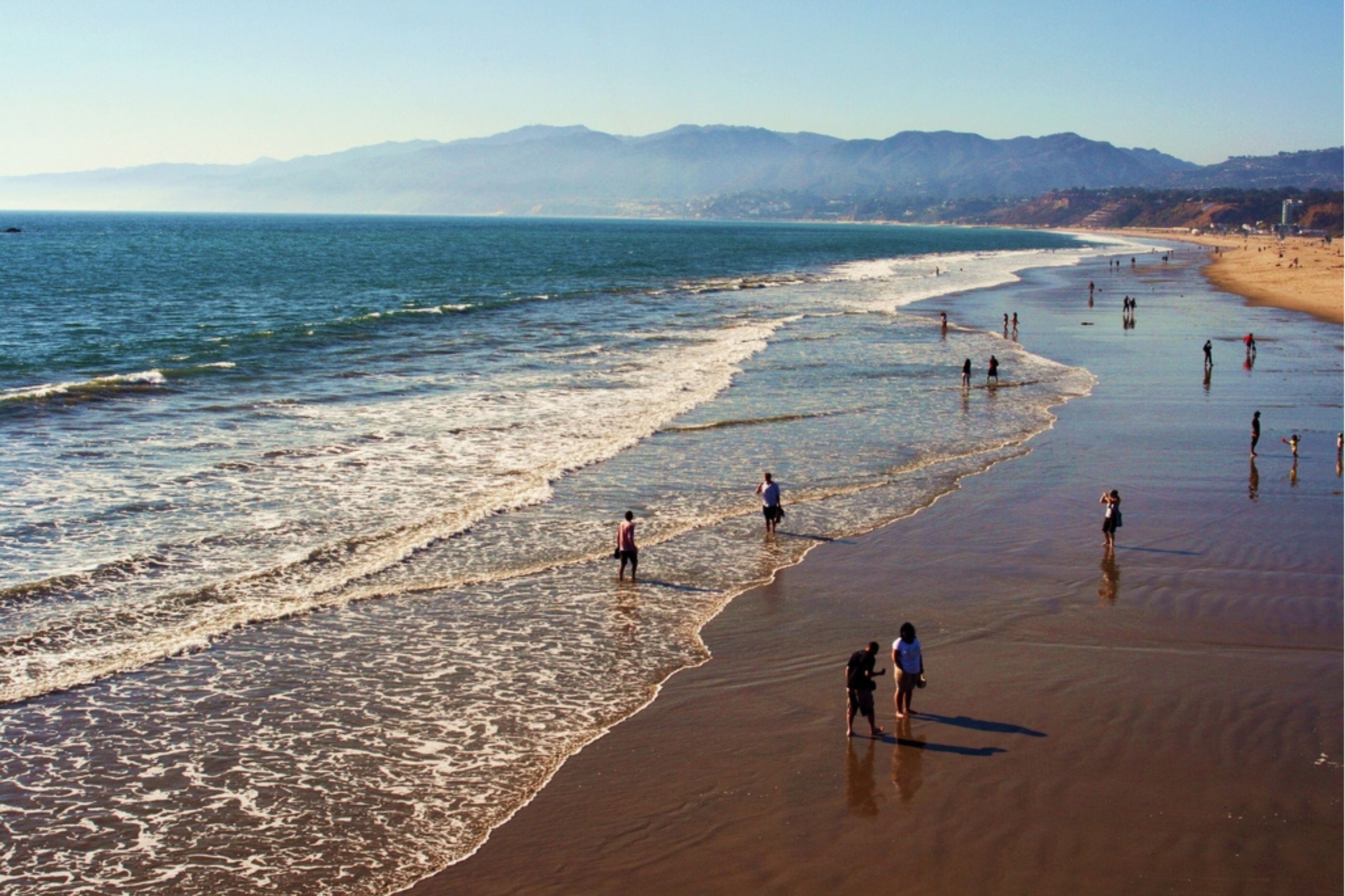 aerial view of beach with people walking