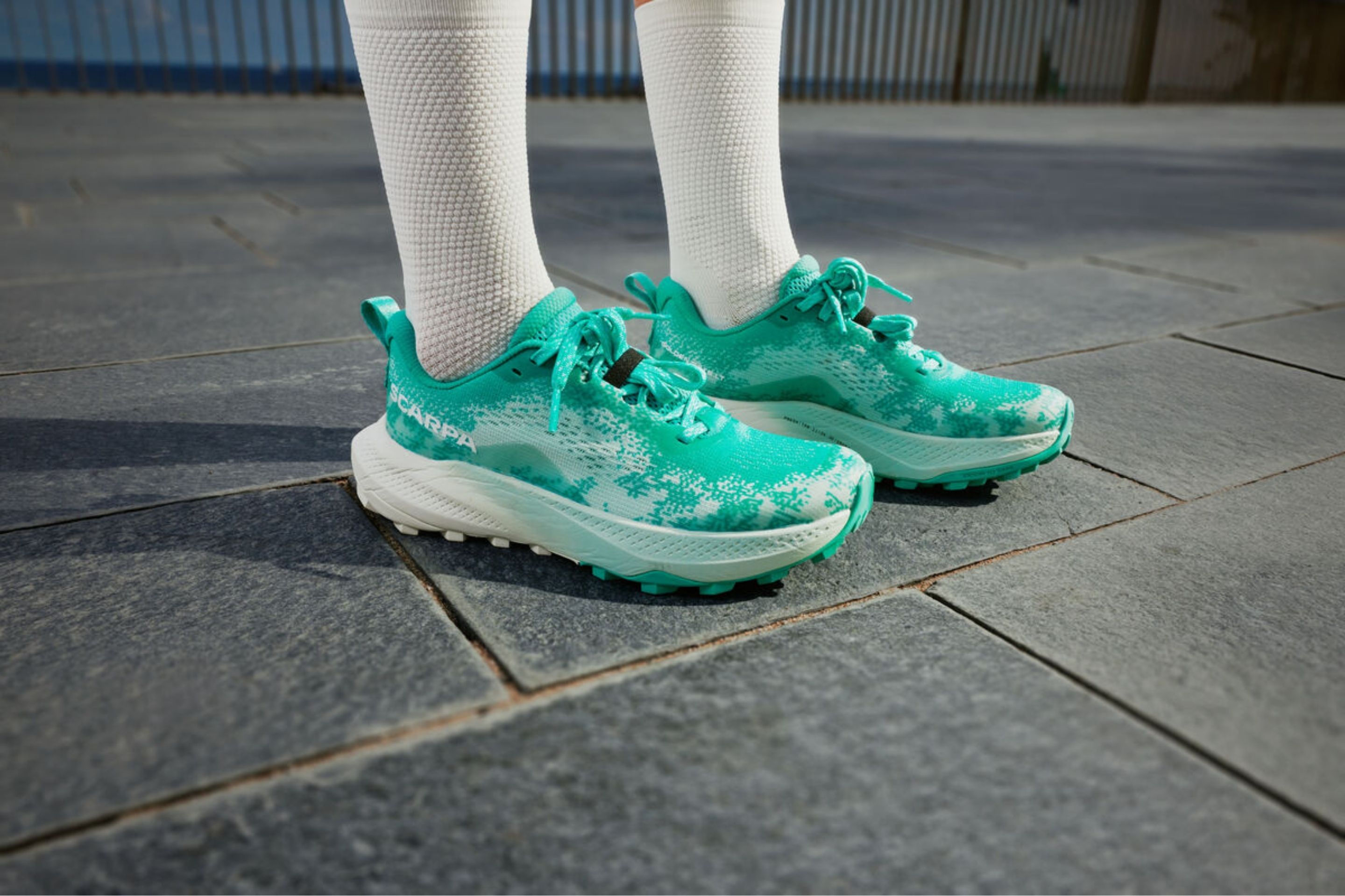 close up shot of person wearing blue running shoes on pavement
