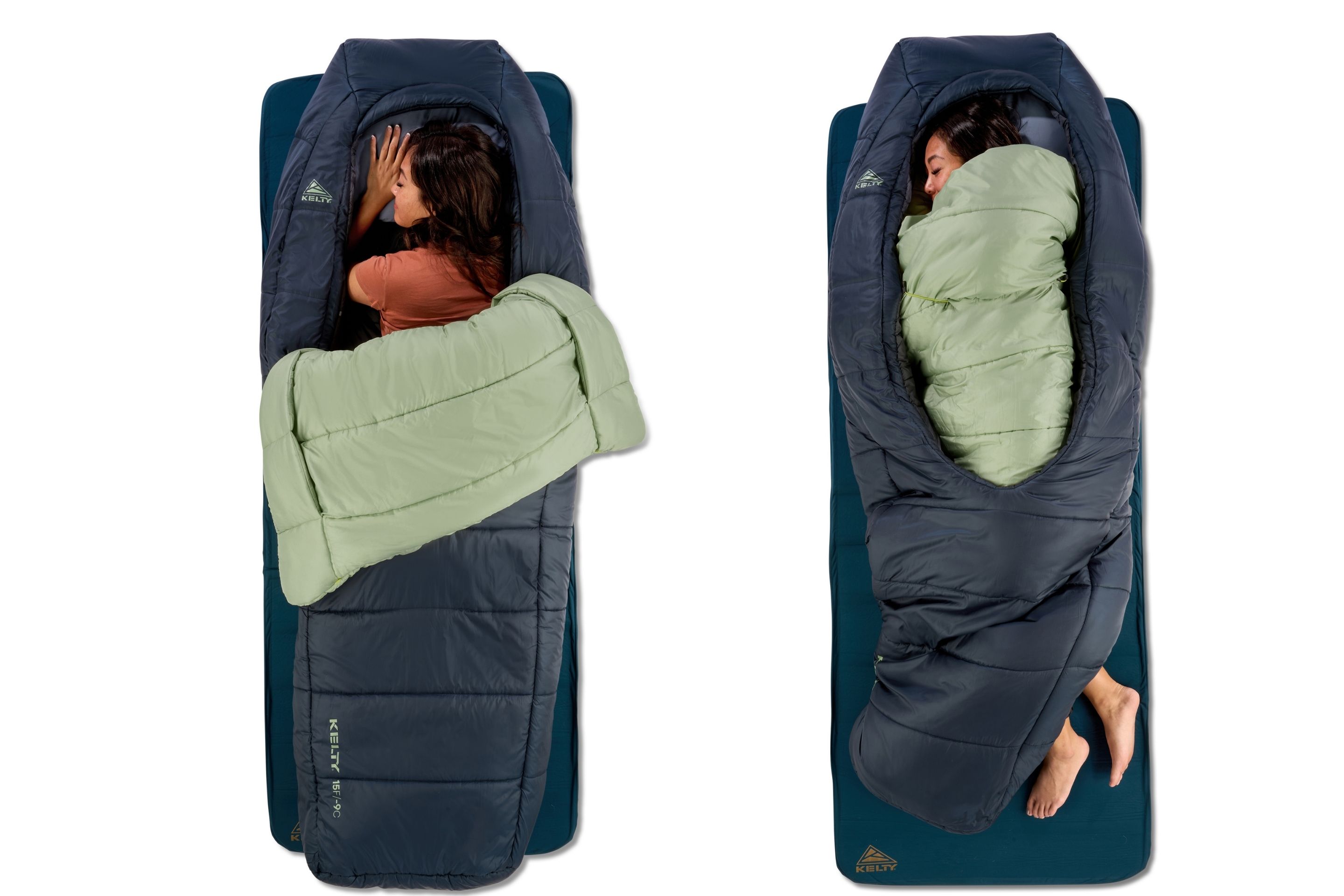 side by side of person in sleeping bag