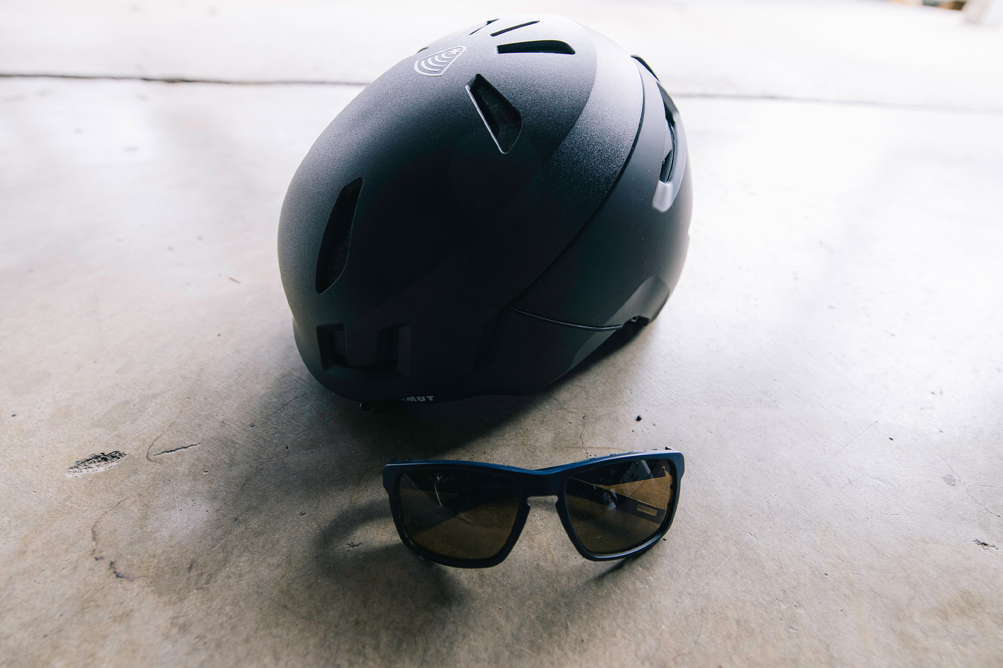 Ventilated ski helmet and sunglasses used for spring volcano skiing conditions