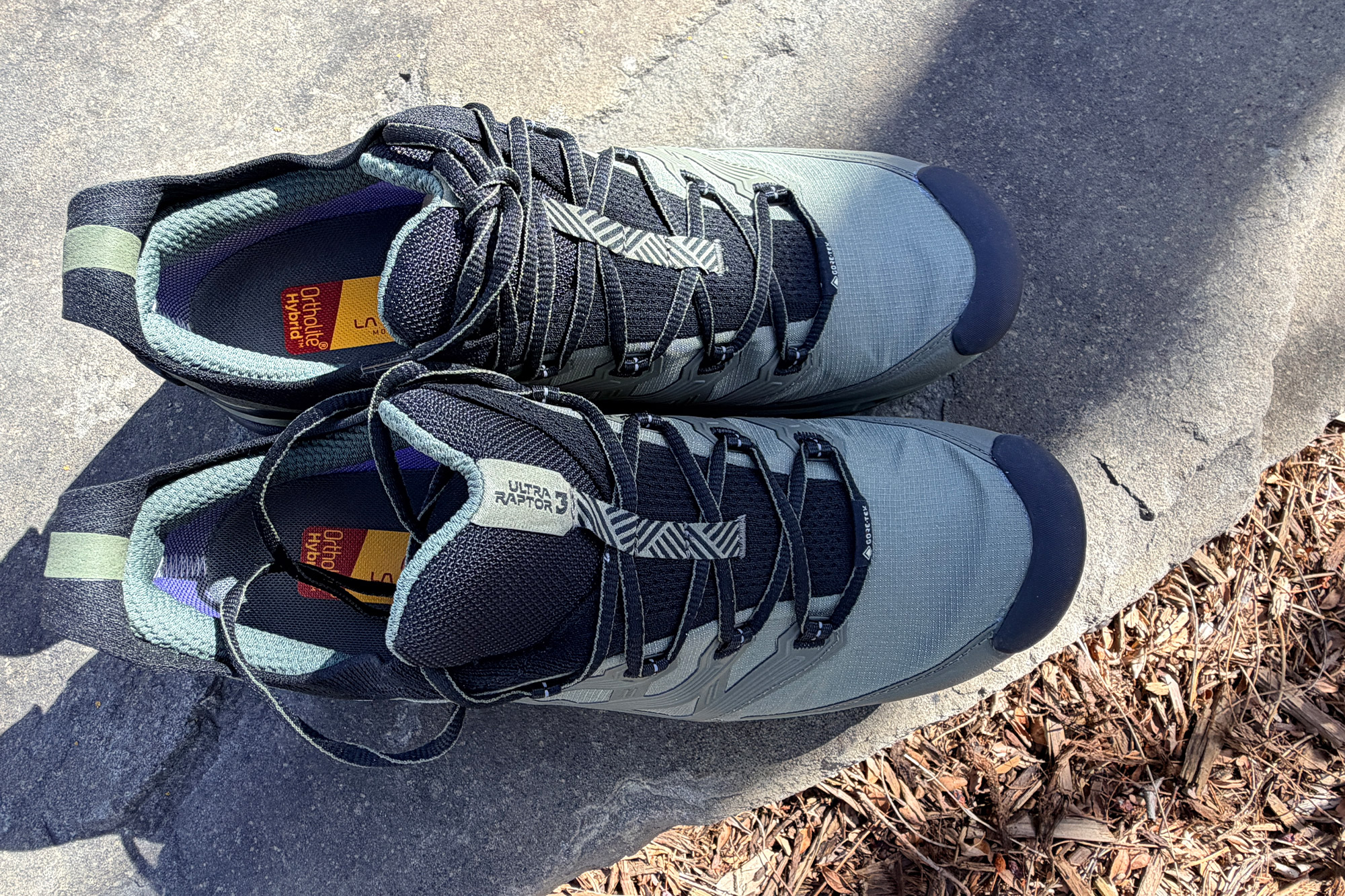 Top view of trail shoes showing lacing system and padded tongue