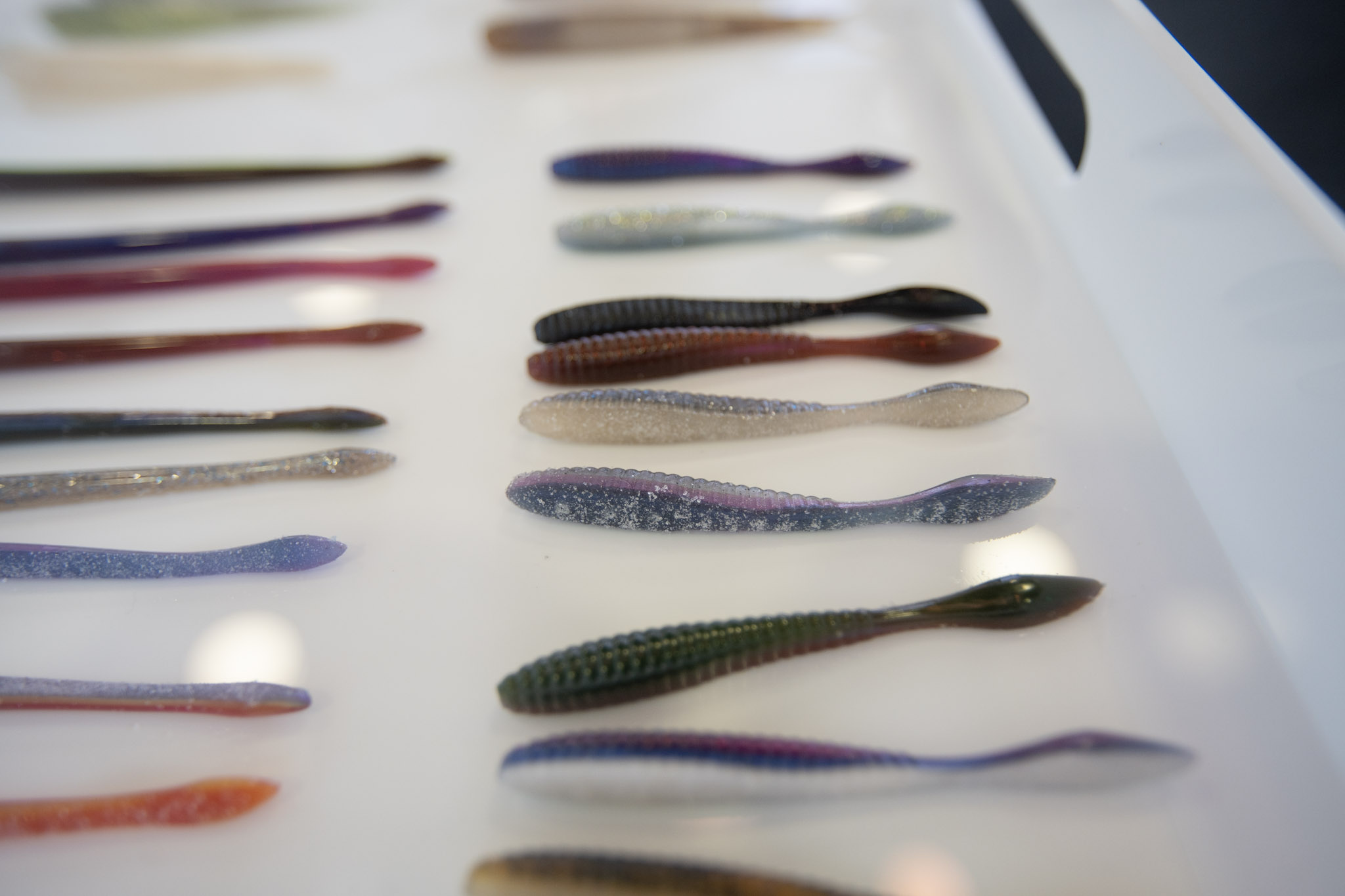 Berkley flat worms on a tray.