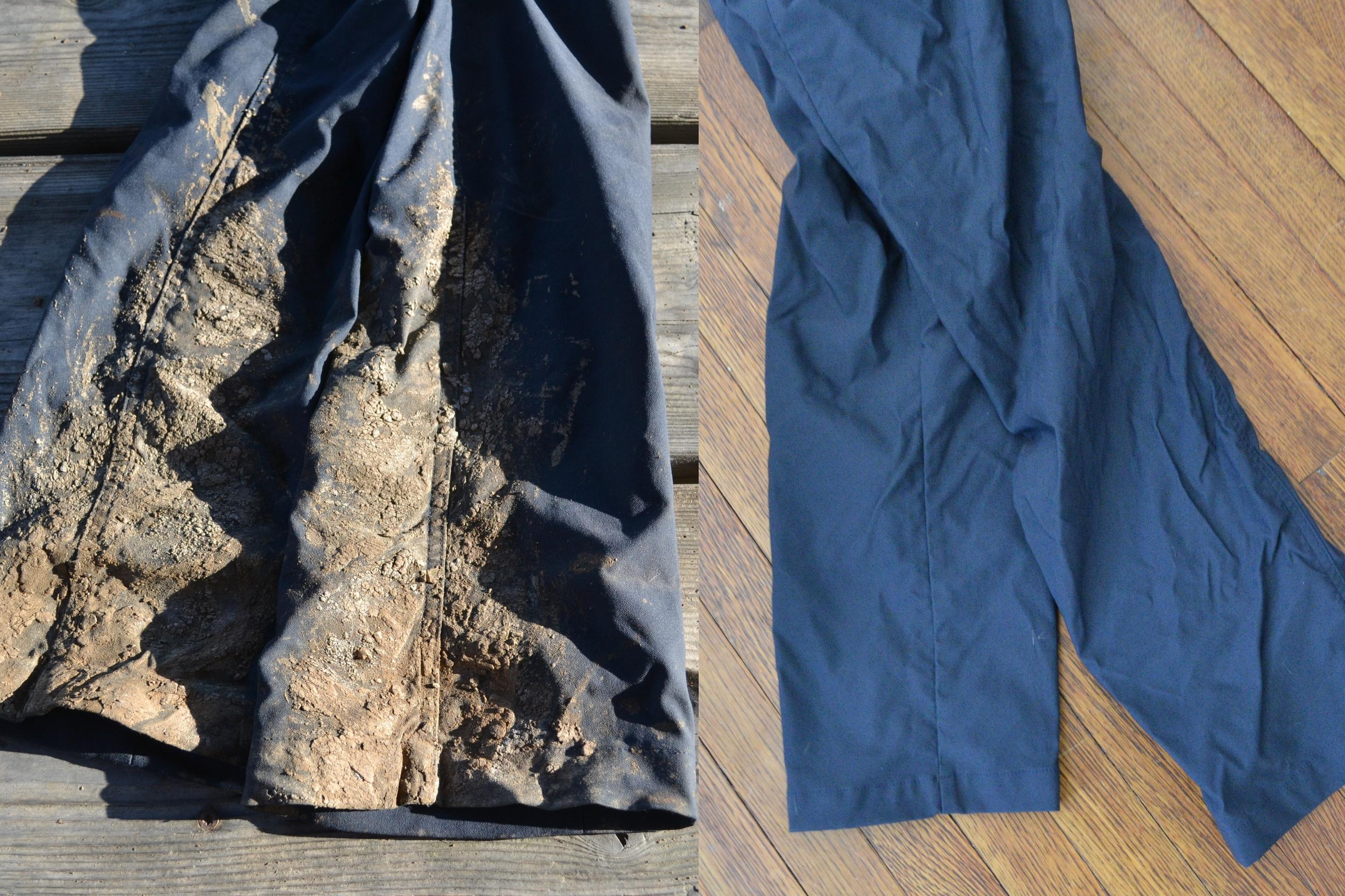 side by side of muddy and then clean pants