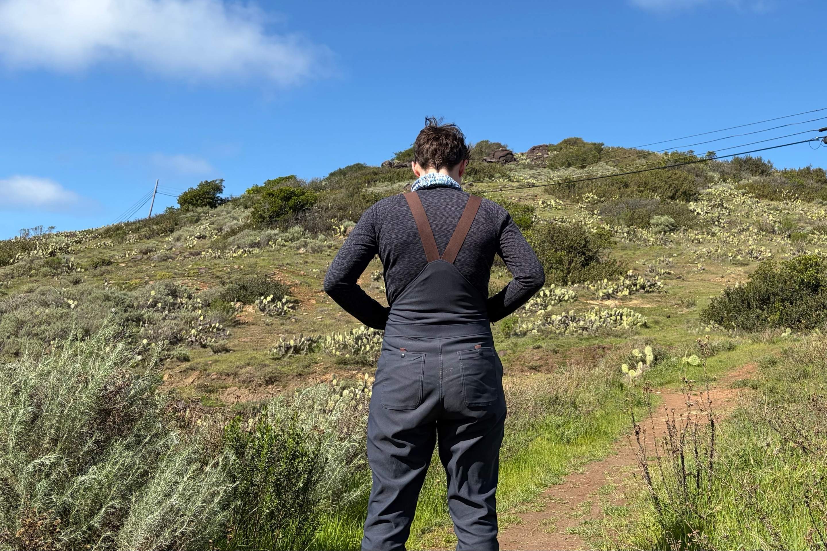 rear of person wearing overalls