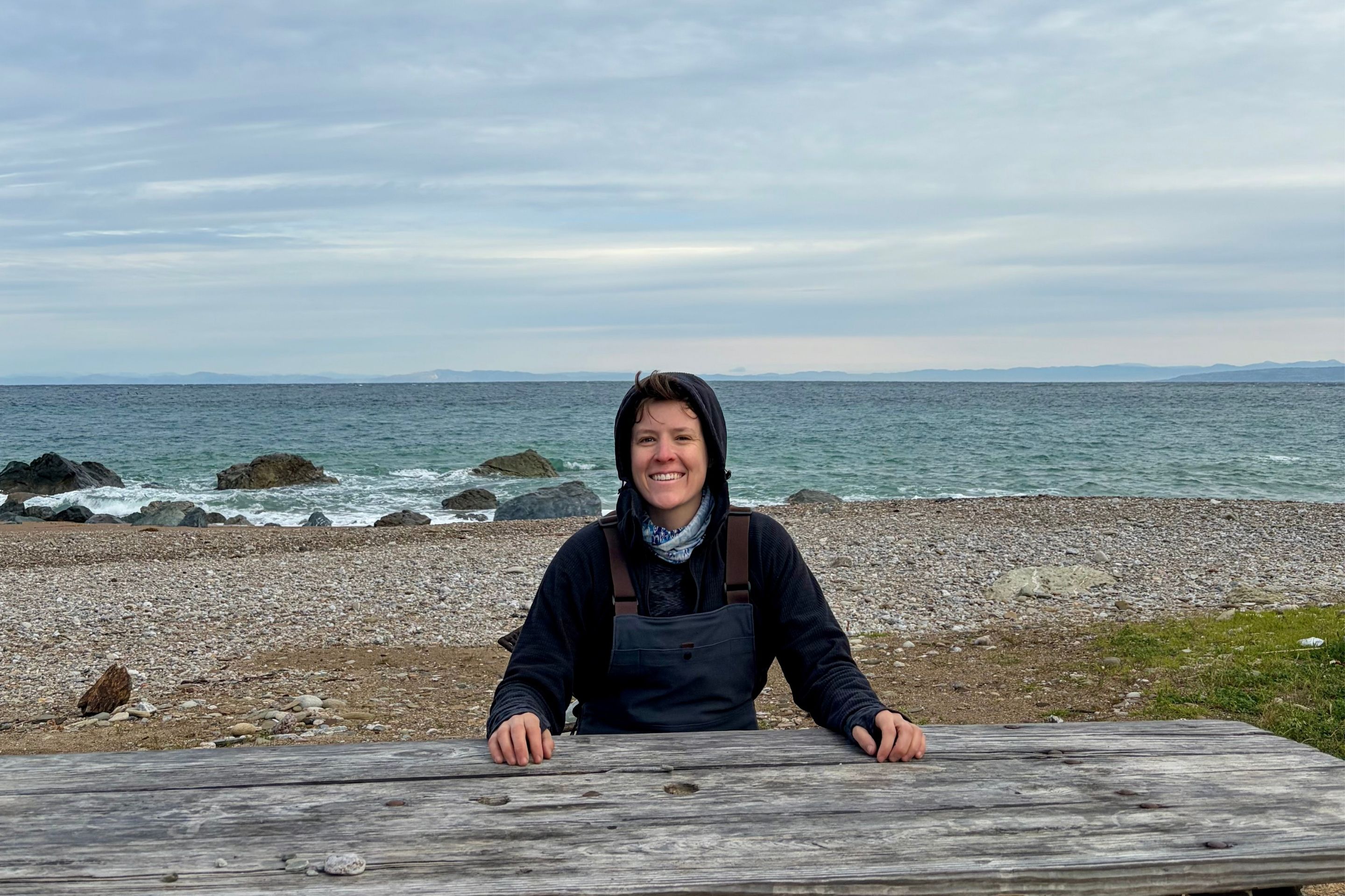 person sits at picnic bench with sea behind