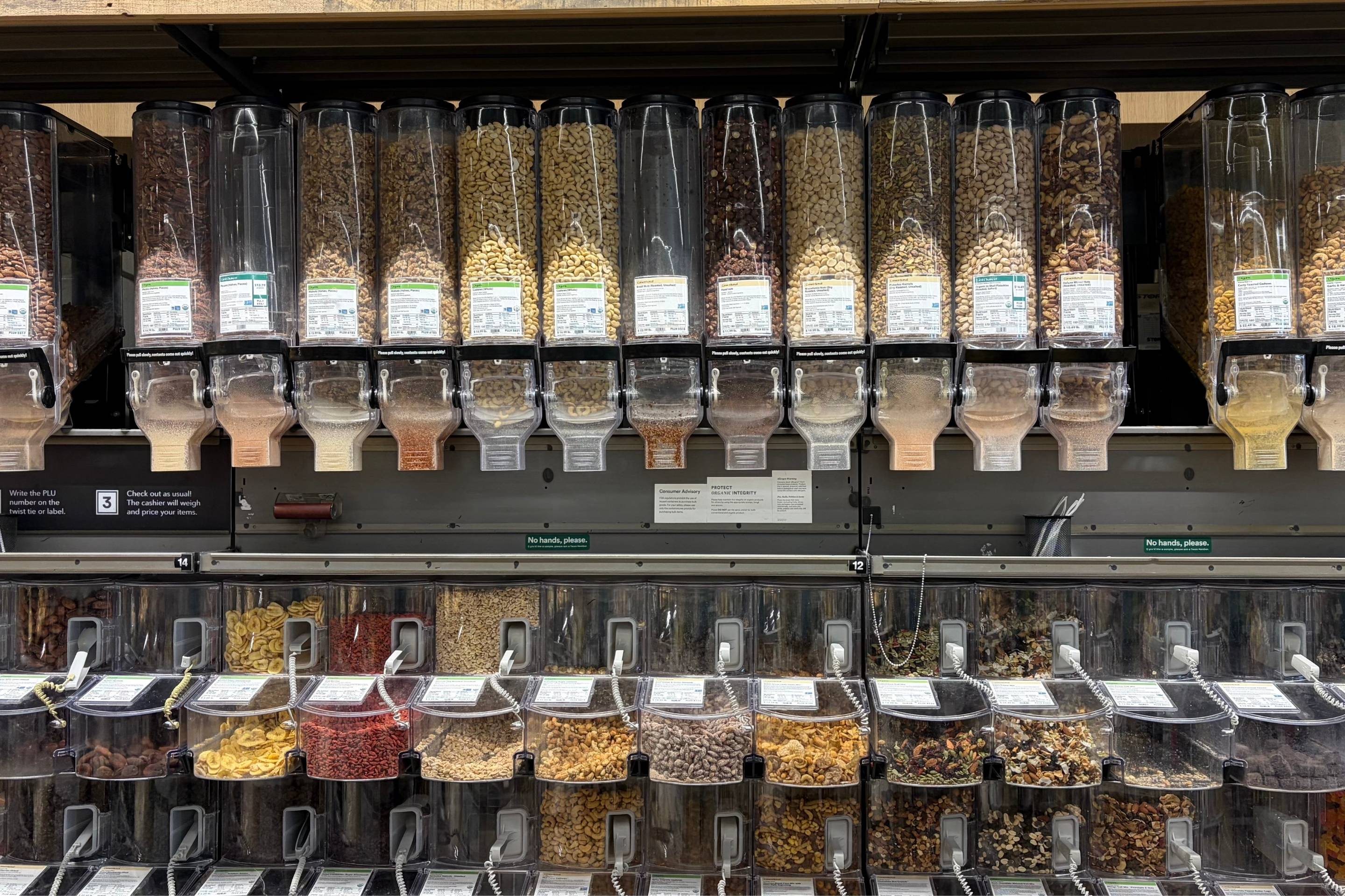 line of bulk bins at grocery stores
