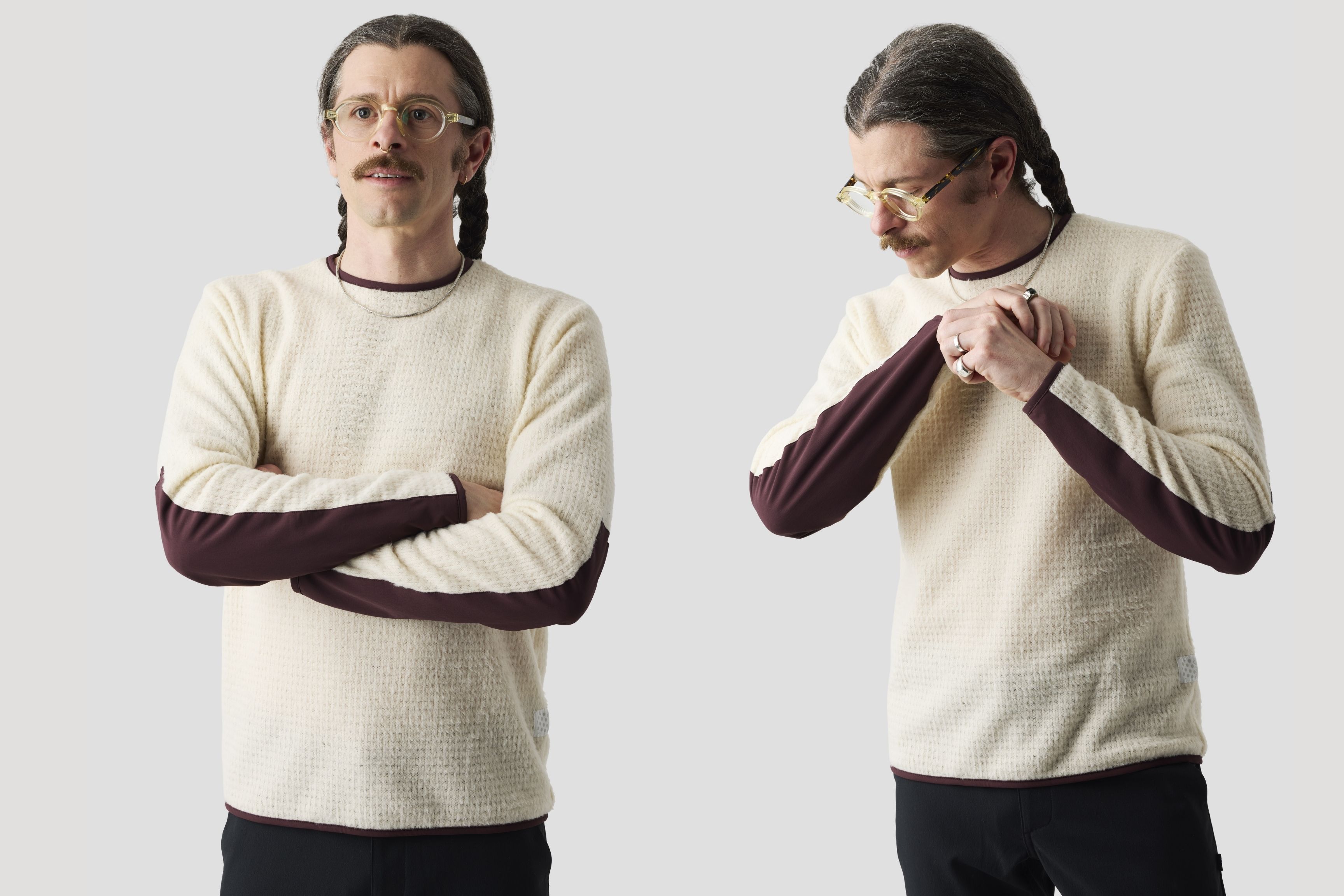 side by side of person wearing white fleece