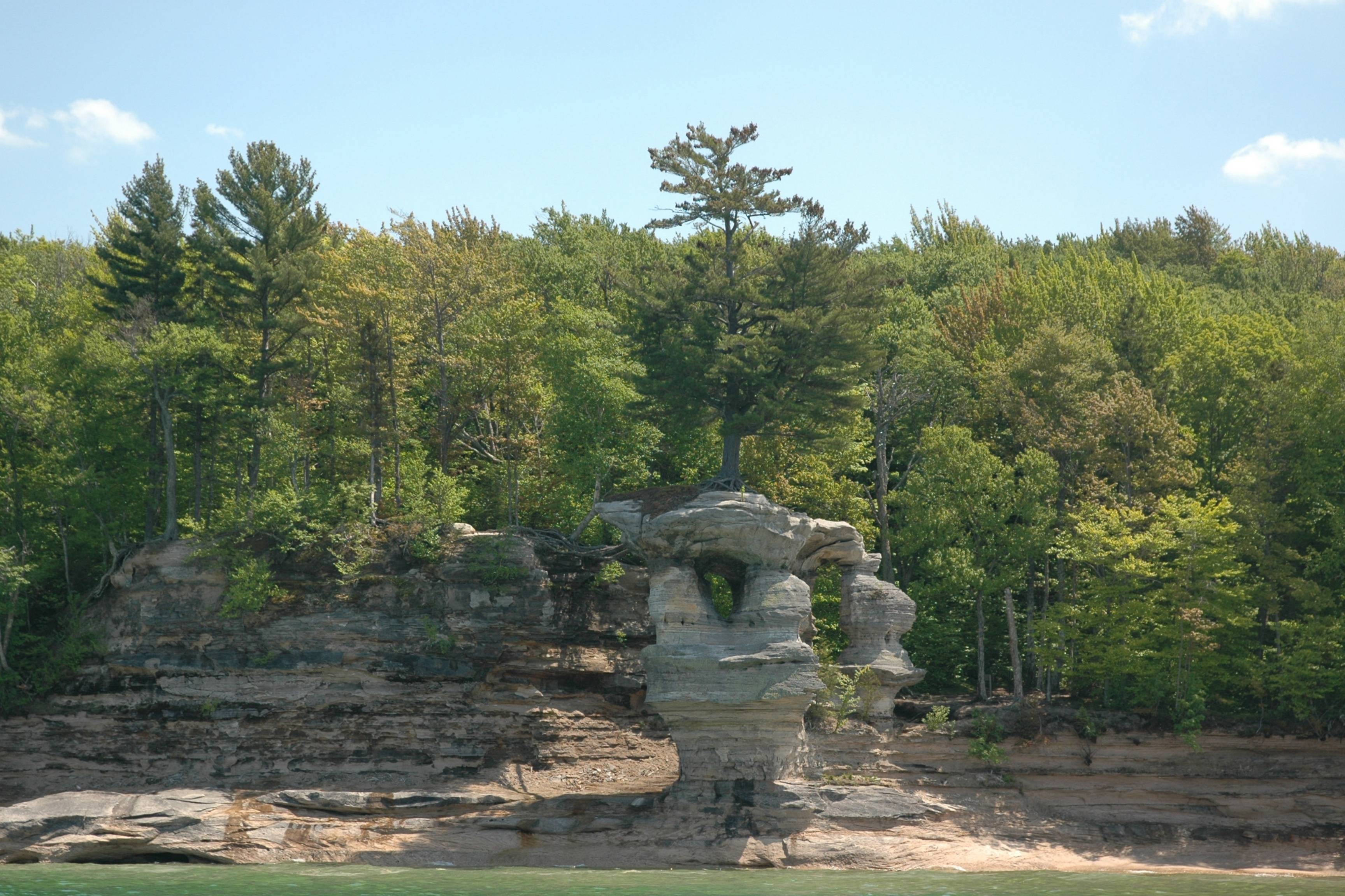 shoreline with rock formation and trees