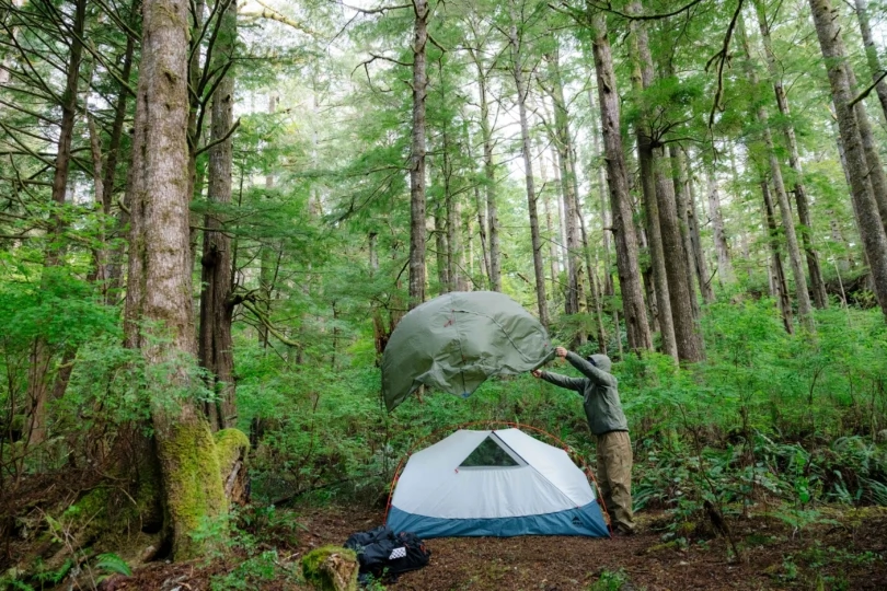 person setting up a tent in the forest