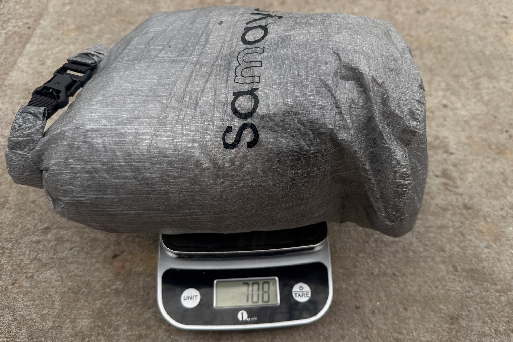 Packed Samaya tent placed on a scale showing weight measurement