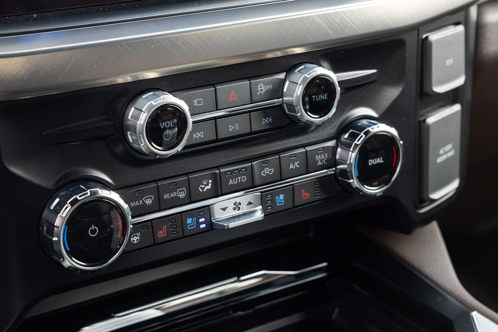 Climate and media control buttons inside the 2026 Ford F 350 Tremor dashboard