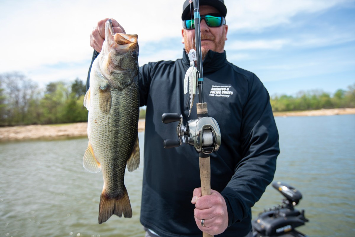 A man holding a bass next to a fishing rod and a bass fishing reel.