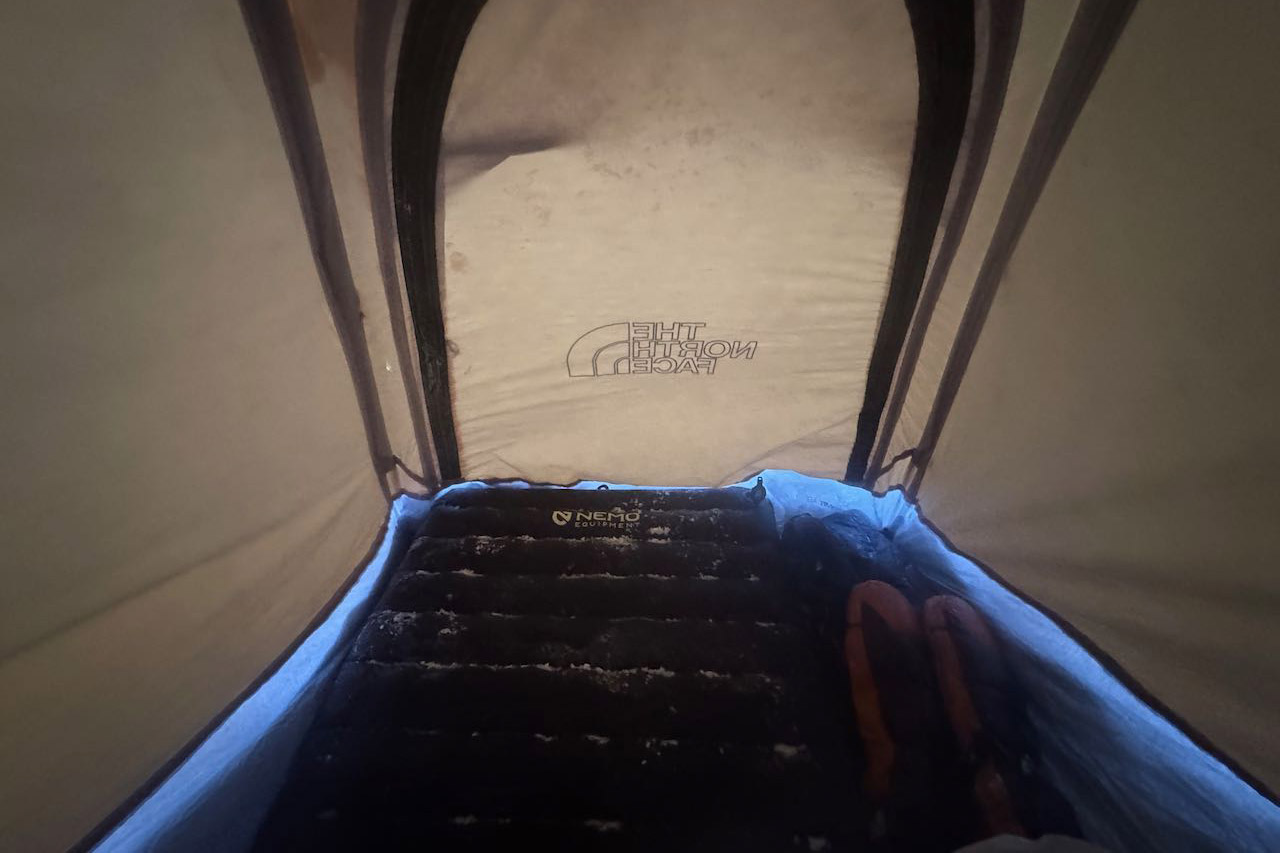 Inside The North Face Assault 2 AMK tent with frost on floor and sleeping pad