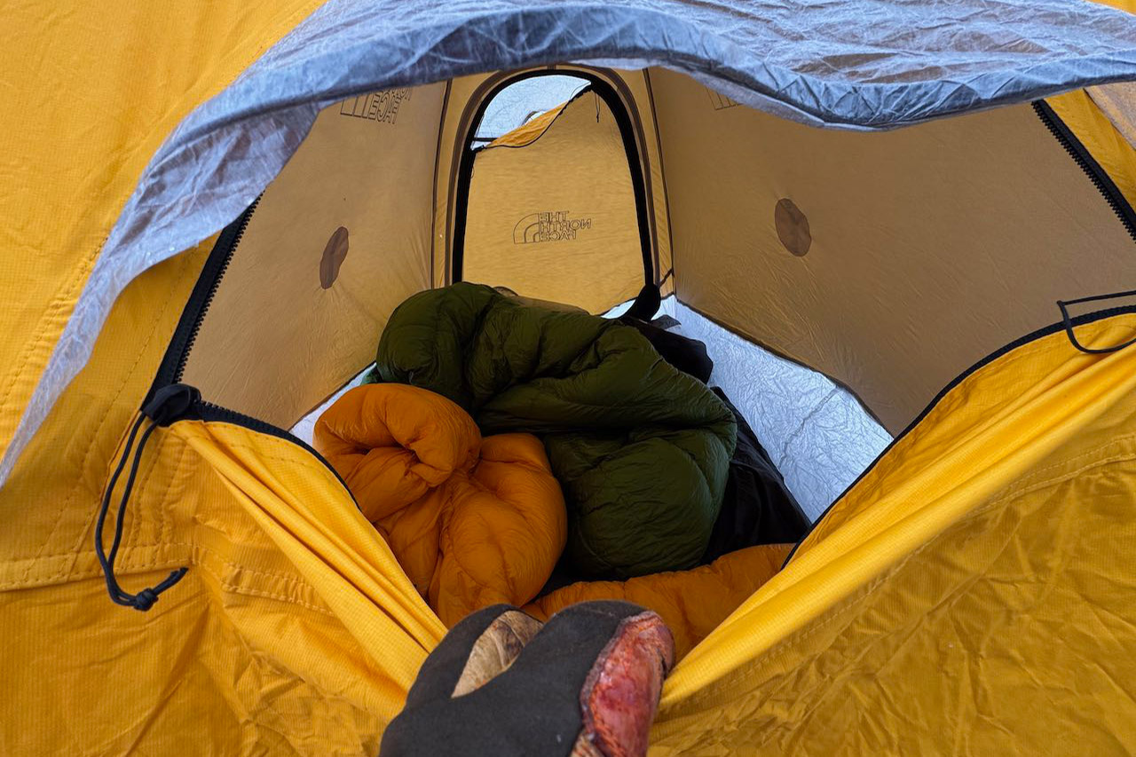 Inside view of Assault 2 tent with sleeping bags laid out