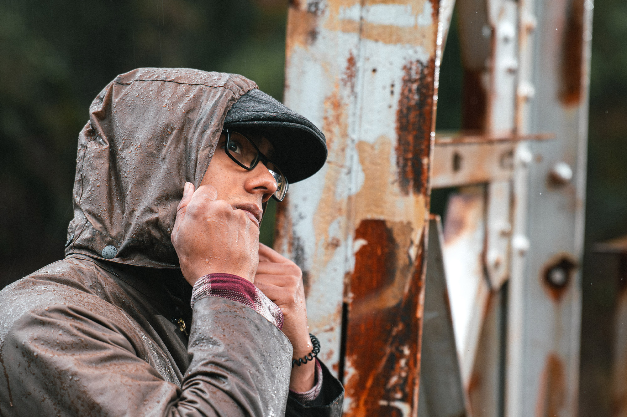 Close-up of the Barbour Beaufort Wax Jacket hood with water droplets beading on the waxed fabric