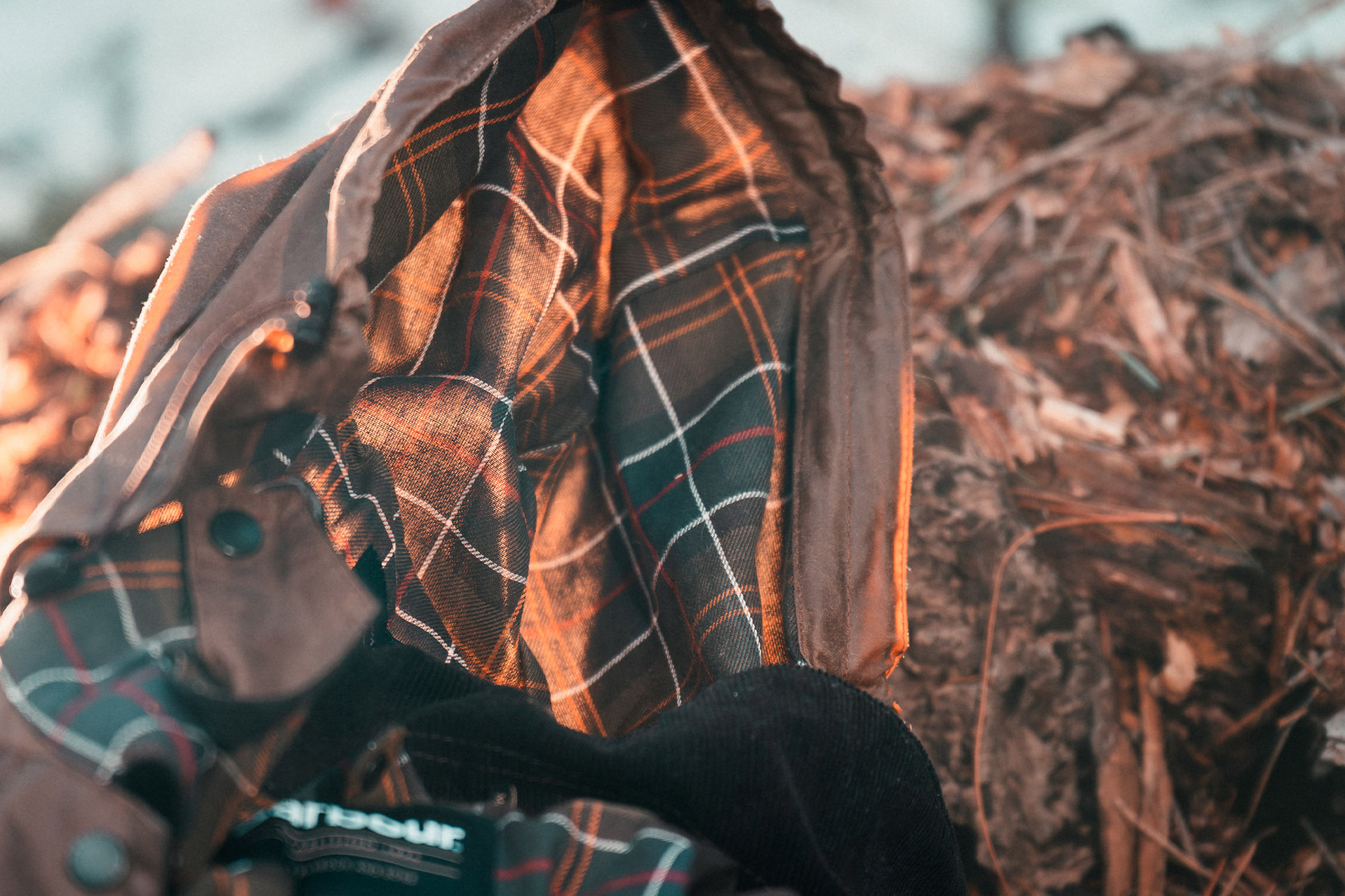 Close-up of the Barbour Beaufort Wax Jacket hood with cord and structured brim detail