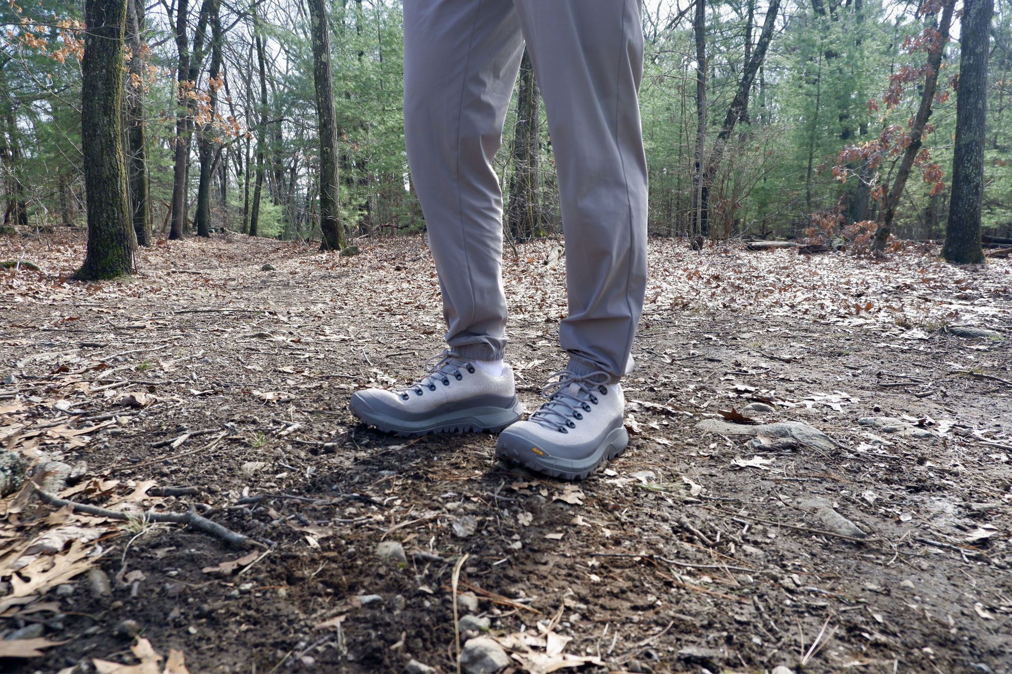 wearing Danner’s MTN45 hiking shoes in the woods