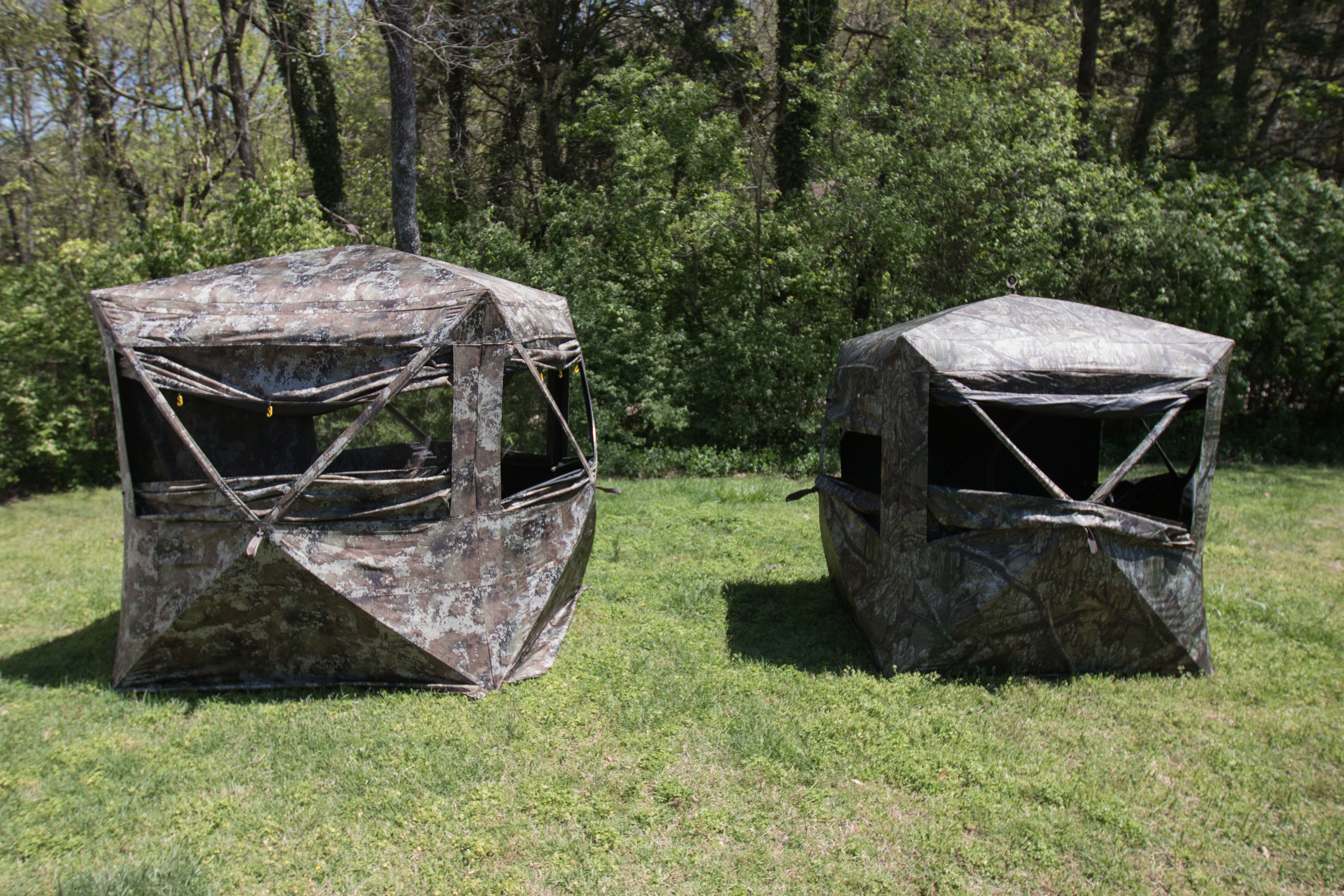 The Cabela's Specialist XL hunting blind and the Game Winner Bushwacker 2.0 HUB blind side by side.