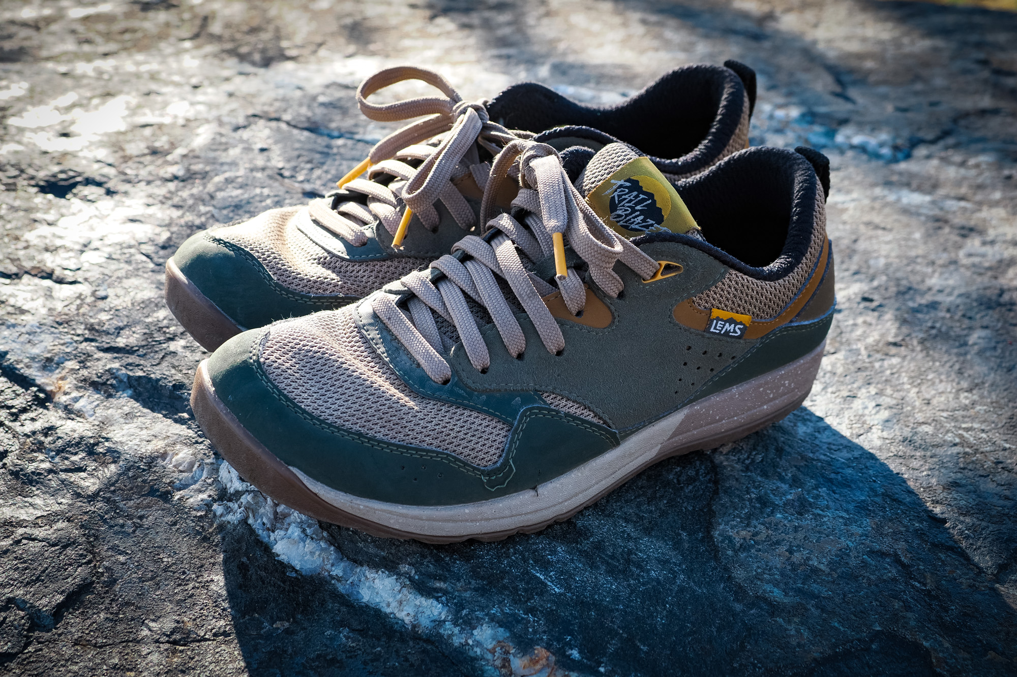 Lems Trail Blazer hiking shoe on rock