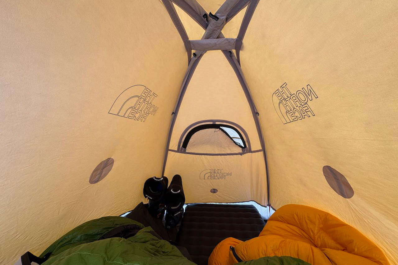 Interior view showing tent ceiling structure and window vents