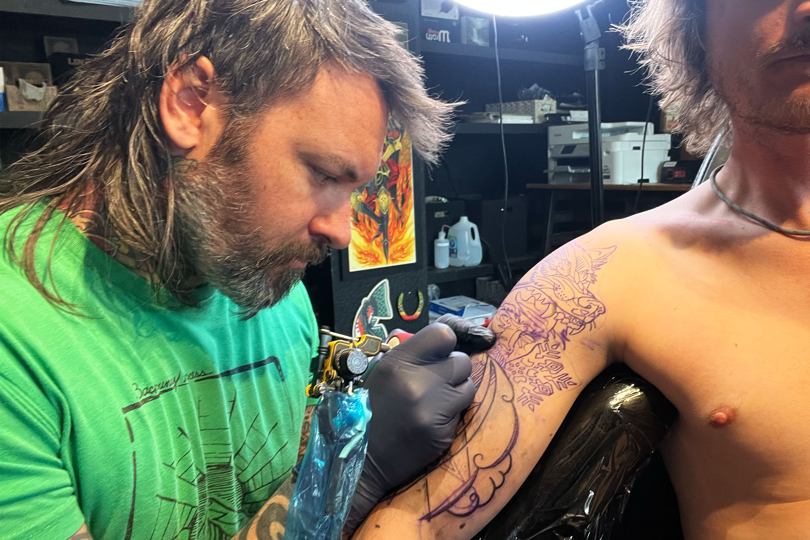 Alex Stevenson tattoo telemark ski topsheet artwork