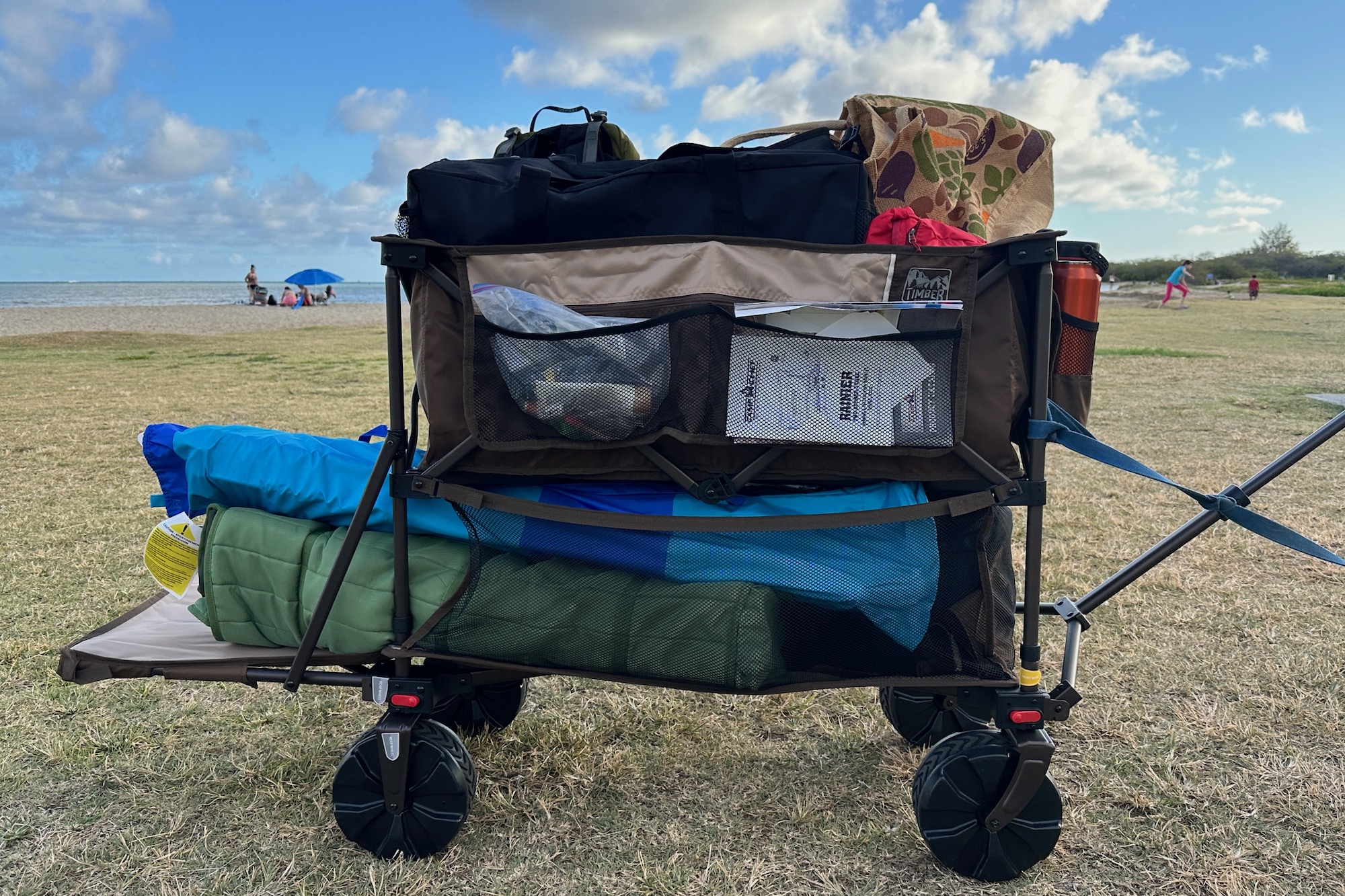 The Timber Ride Double Decker Beach Wagon loaded up for a day at the beach