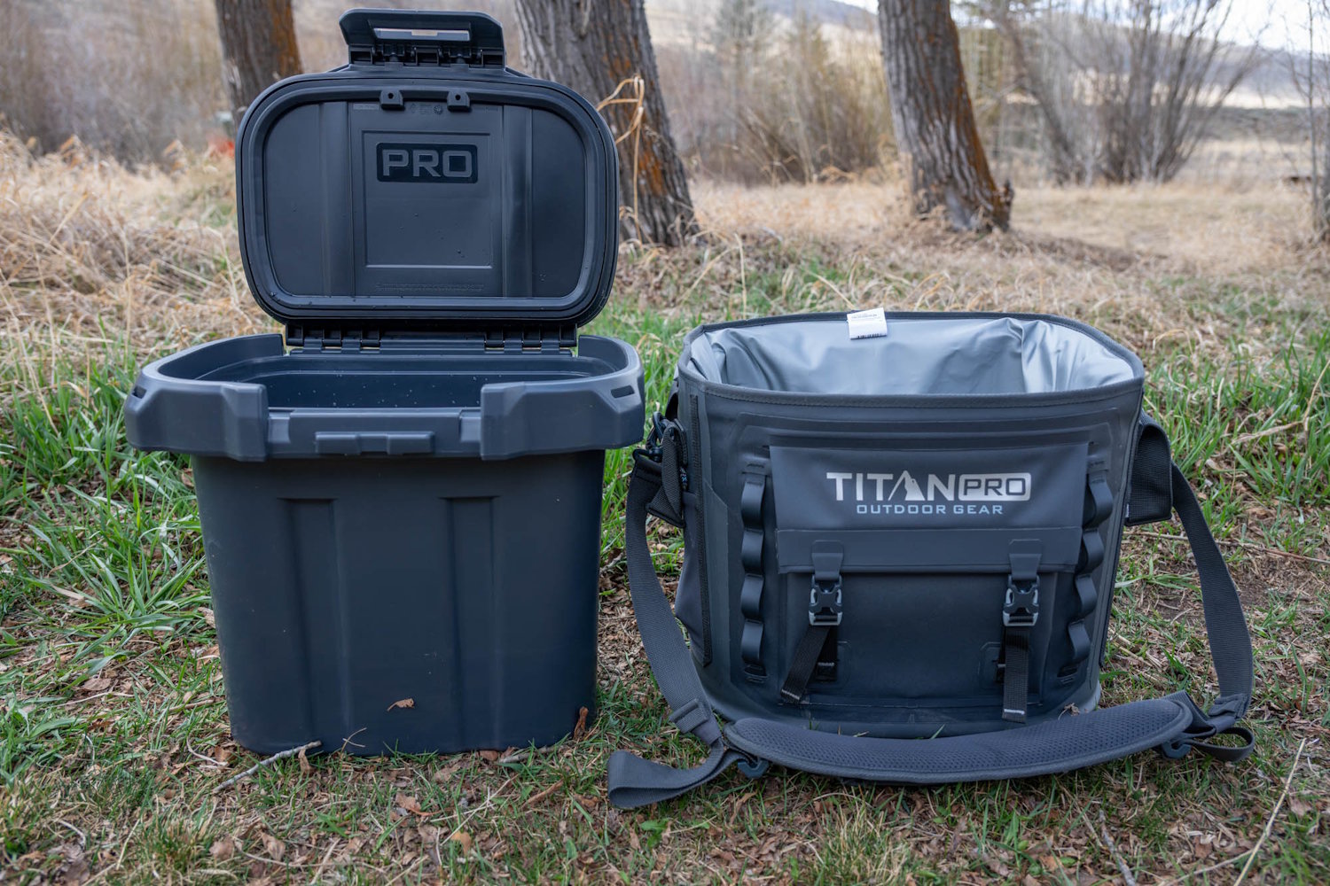 Titan PRO outdoor cooler with hard inner liner and soft insulated outer shell shown side by side.