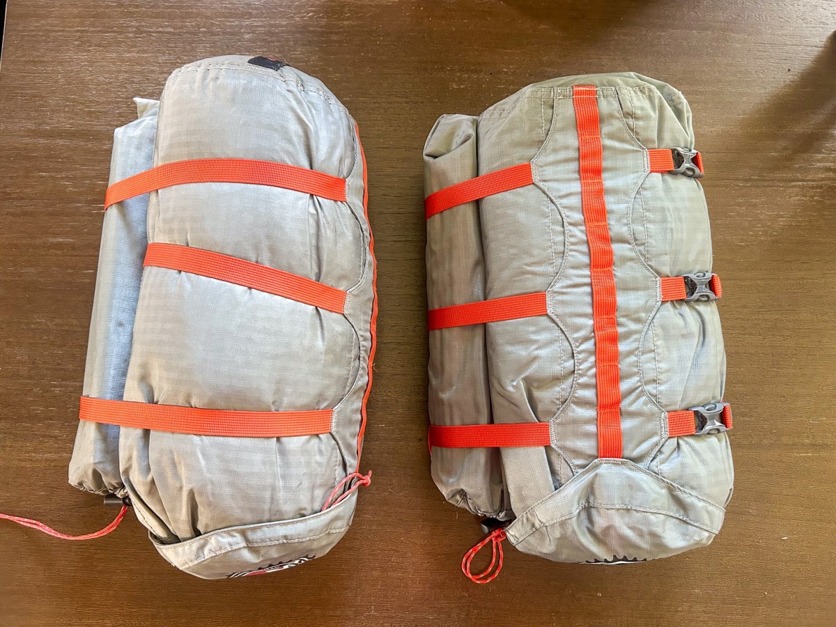Copper Spur UL3 tent packed into compact bundles with compression straps