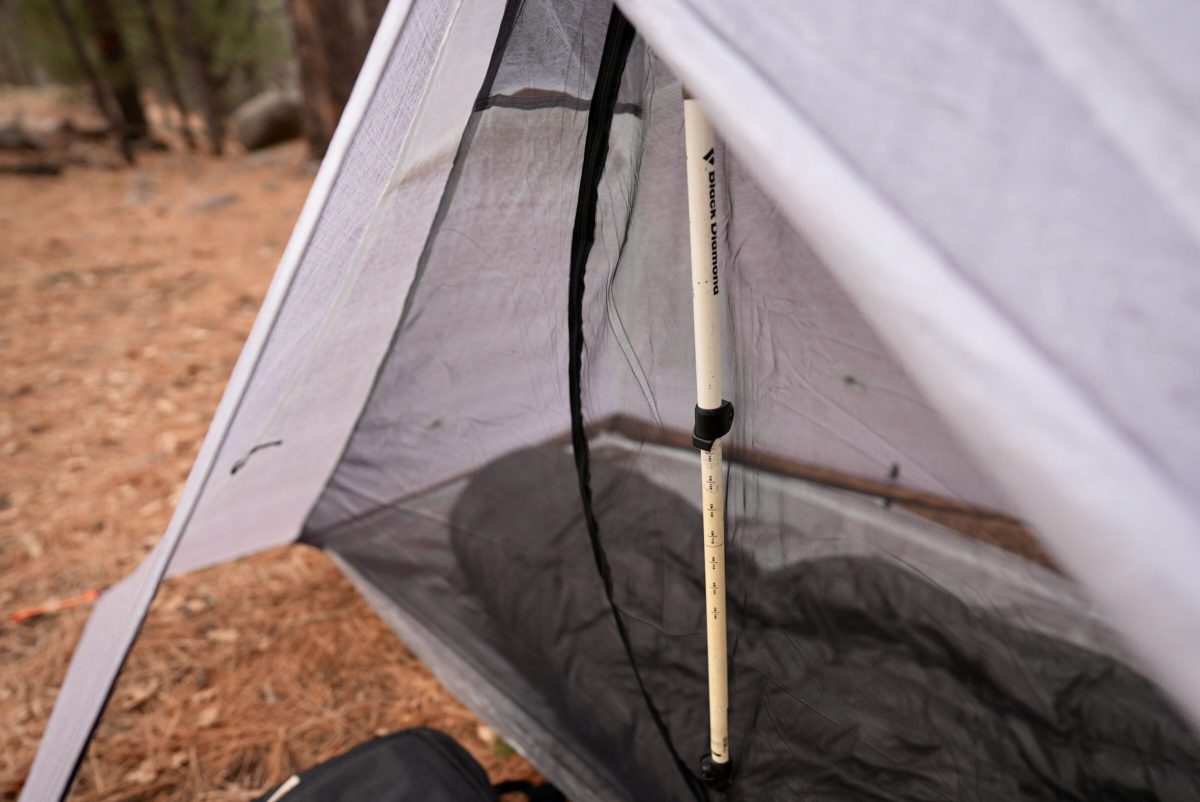 looking into the interior of the hyperlite mountain gear mid 1 shelter and the relative vestibule and sleeping space