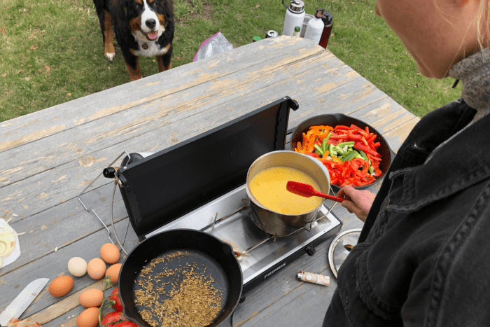 Primus Kinjia two-burner stove on picnic table