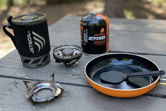 Our full Jetboil cook setup Jetboil Summit Skillet, Micro Mo, pot support, and fuel canister