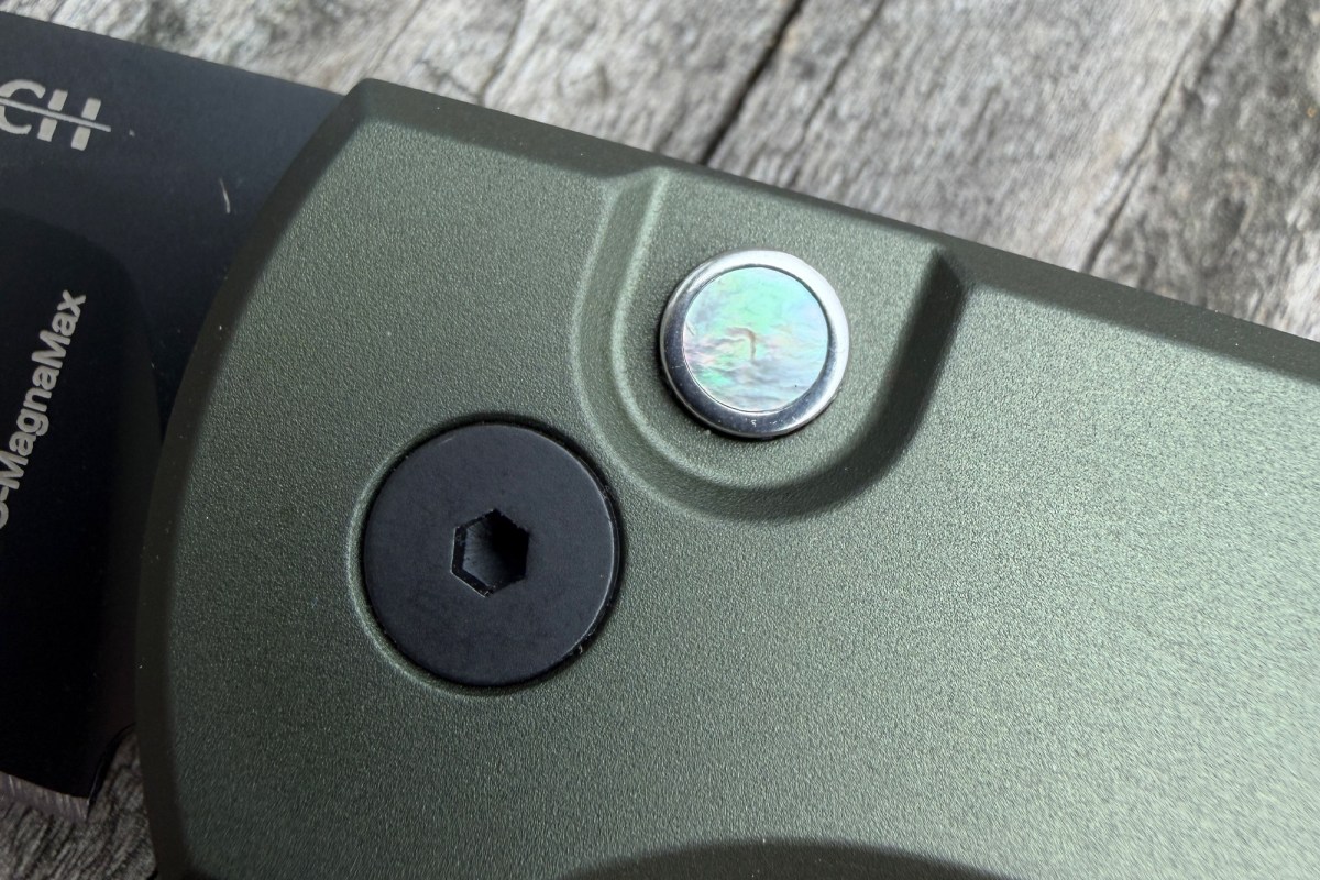 Close-up of the Pro-Tech/Chaves Scapegoat Compact handle, pivot screw, and button detail